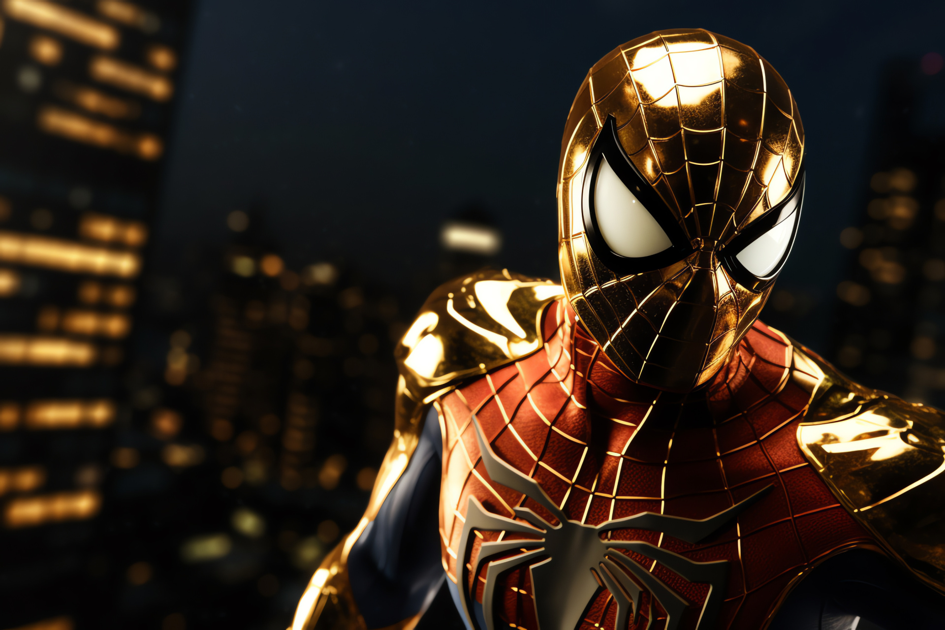 Superhero Spiderman, Spider suit design, High-rise architecture, Metropolitan twilight, Gleaming urban scene, HD Desktop Image