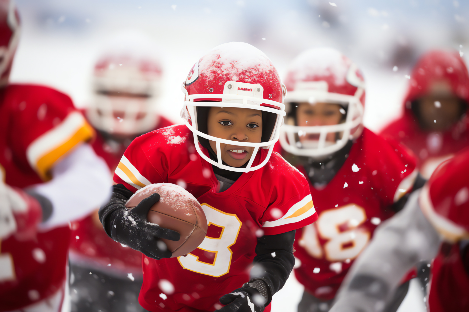 NFL-themed winter play, Snowy football scene, Playful youngsters, Festive Santa caps, Celebratory sports, HD Desktop Wallpaper