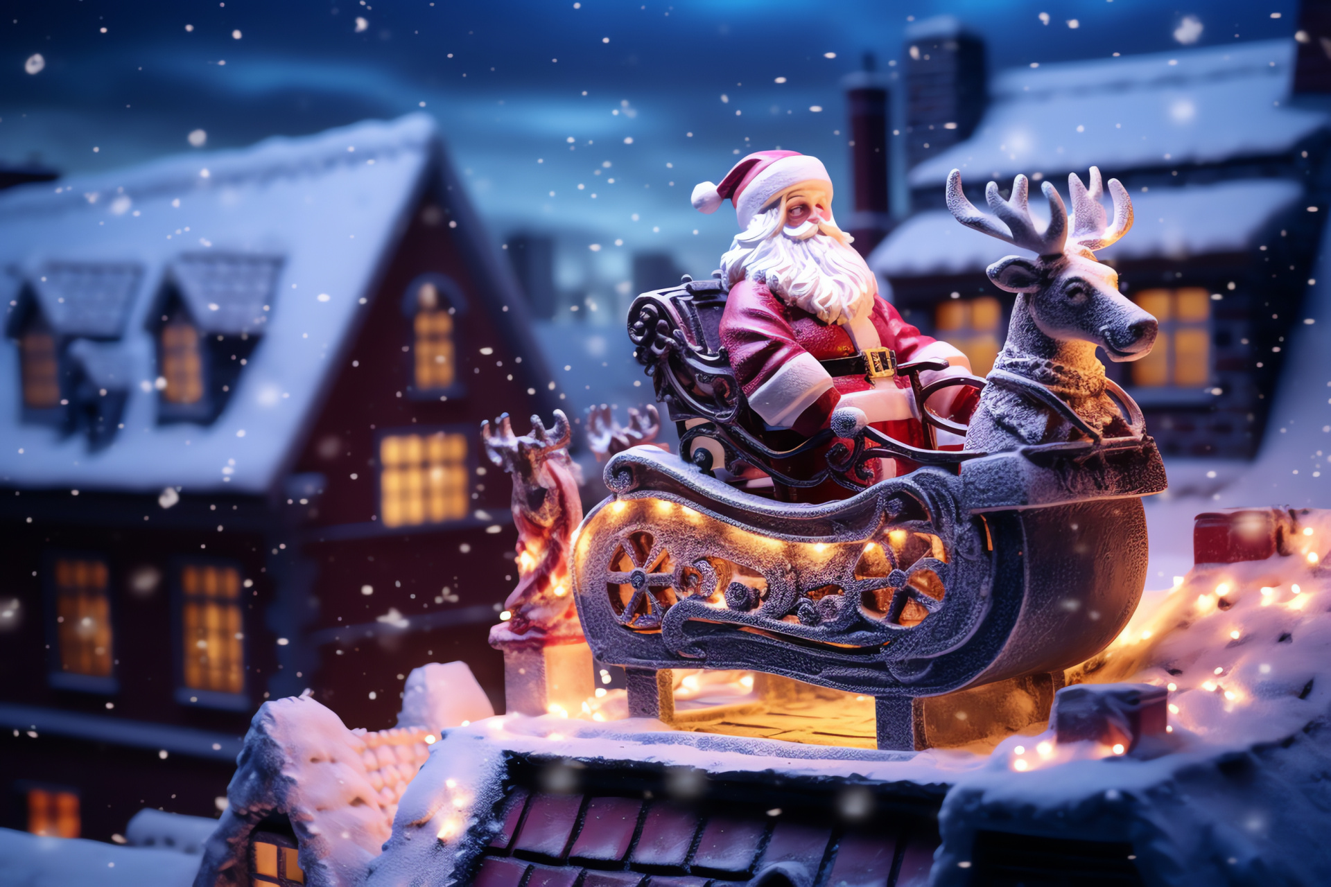 Nocturnal gift delivery, Snow-dusted rooftops, Father Christmas' journey, Reindeer flight prep, Festive package display, HD Desktop Wallpaper