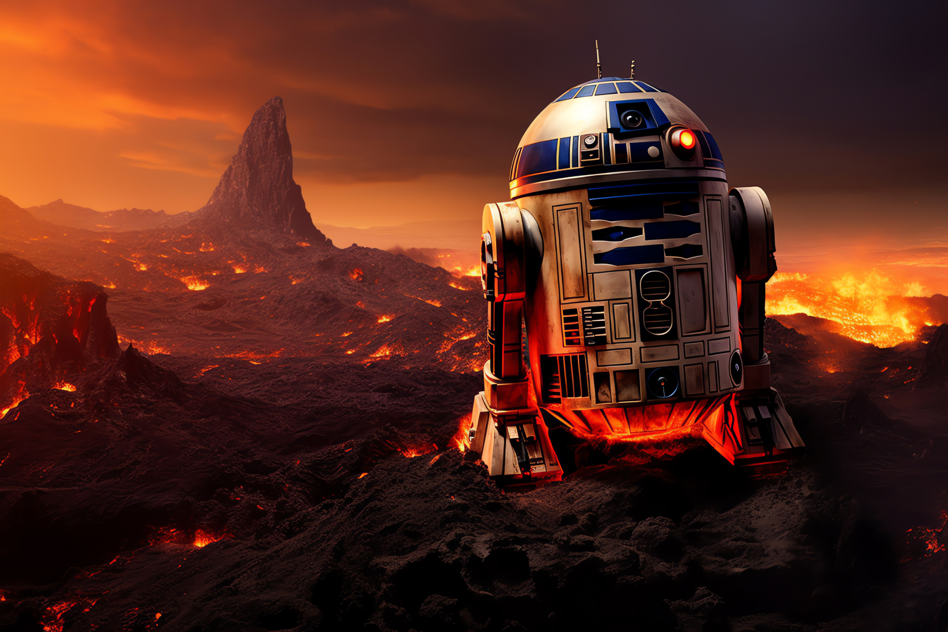 R2-D2 on Mustafar, Star Wars character, Volcano world depiction, Galactic adventurer profile, Extraterrestrial geology, HD Desktop Wallpaper