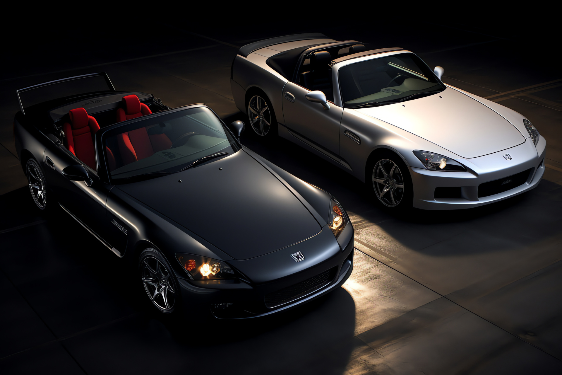 Honda S2000 GT, High-angle snapshot, Monochromatic backdrop, Black and silver scheme, Sports convertible, HD Desktop Wallpaper