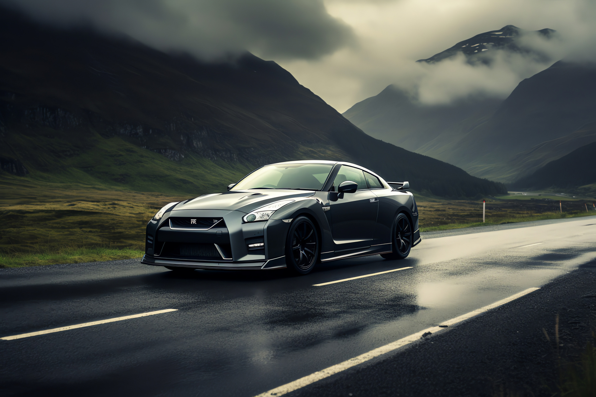 Nissan GTR HD, Scottish Highlands, Black Edition model, Sleek black finish, Serpentine mountain road, HD Desktop Wallpaper