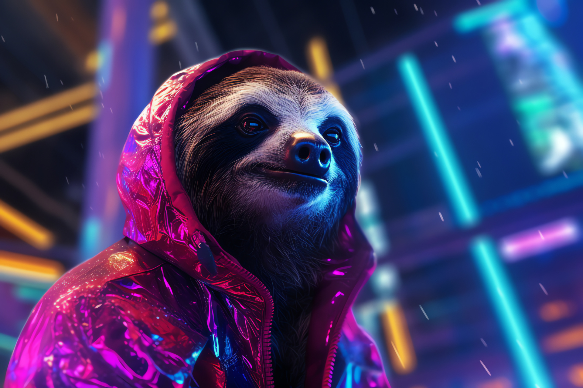 Cosmic Sloth, Technicolor fur, Neon pink, Electric blue, Metropolis, Galactic City, HD Desktop Wallpaper