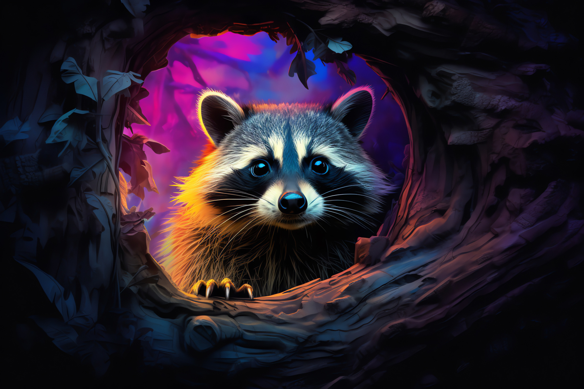 Raccoon habitat, forest dwelling, tree nest, wildlife conservation, night activity, HD Desktop Image