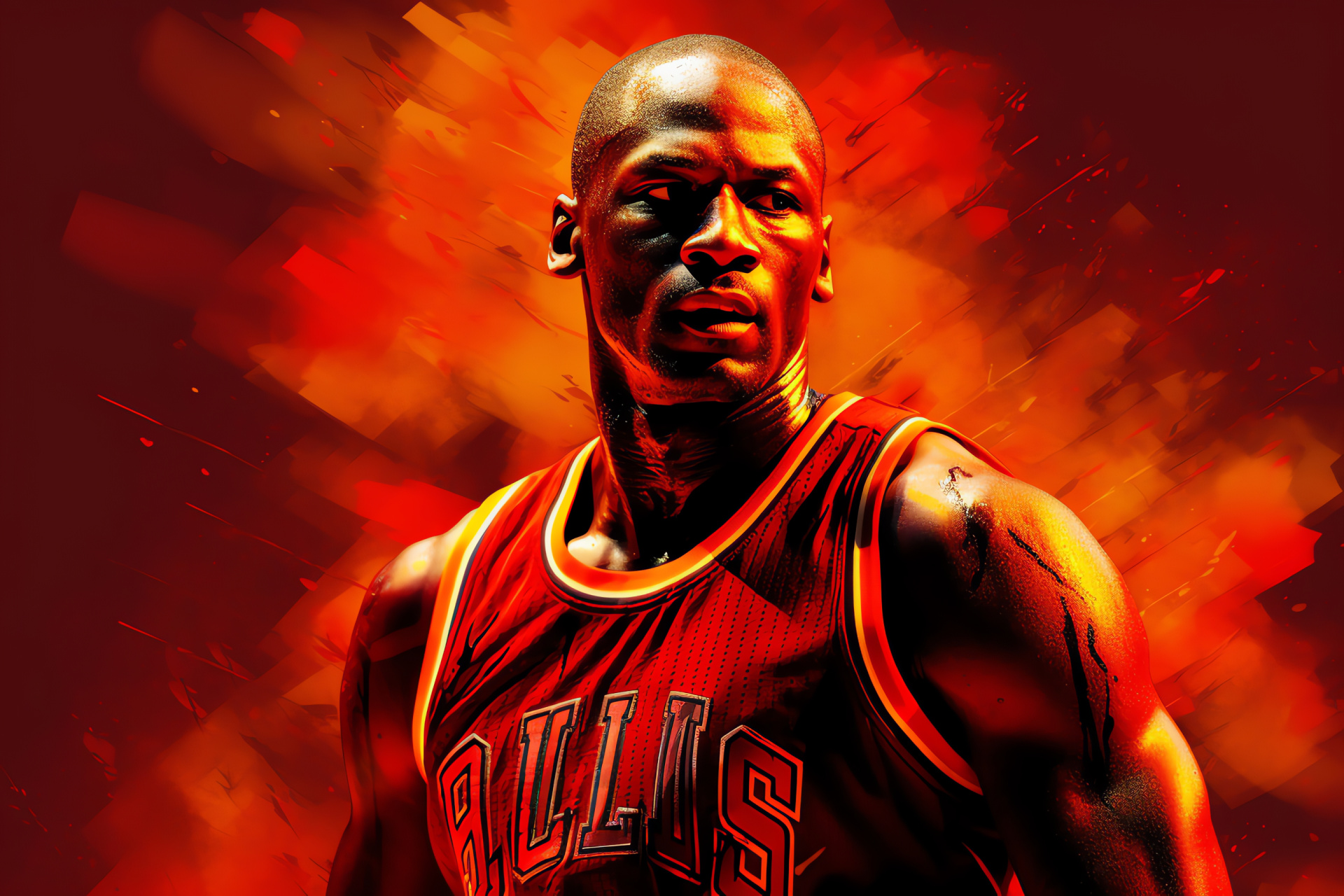 NBA Live classic portrayal, Michael Jordan in action, Chicago Bulls tribute, Red background effect, Gaming icon smile, HD Desktop Wallpaper