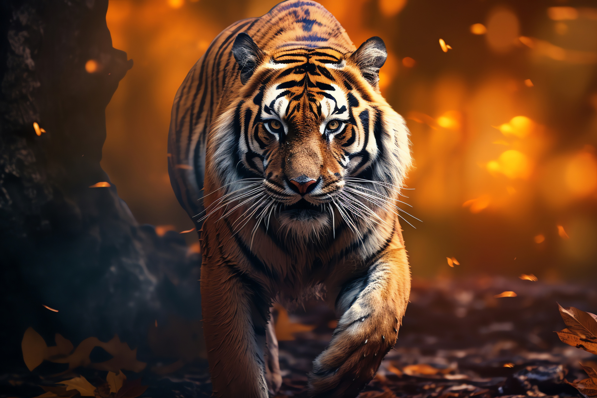 Siberian tiger presence, mystical woodland realm, vivid orange fur, shining gold stripes, forest light ambiance, HD Desktop Wallpaper