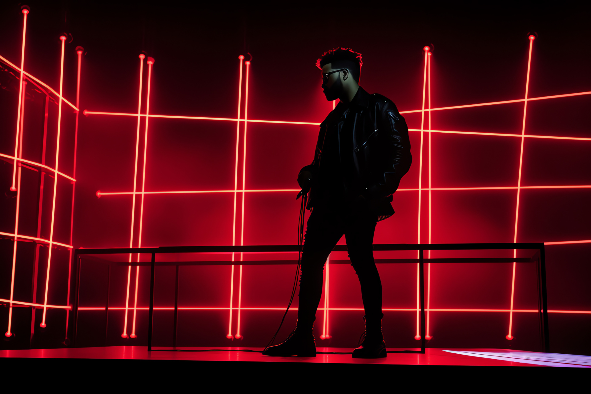 The Weeknd, focused musician, dark ambiance, suspenseful environment, two-tone contrast, HD Desktop Image