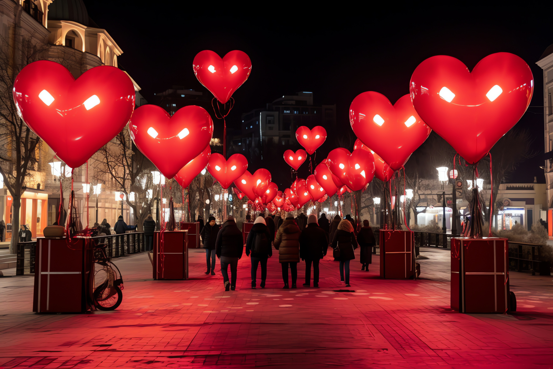 Festive ambience, town plaza, romantic inflatables, festive flags, urban entertainers, HD Desktop Image