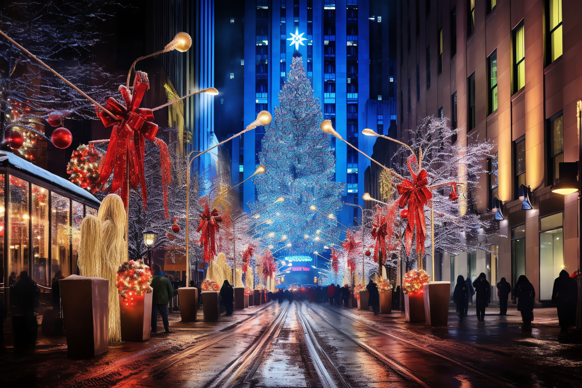 Rockefeller Center's Yuletide, Seasonal city fest, Warm drink delights, Snowflake-touched fantasy, New York's winter vibe, HD Desktop Image