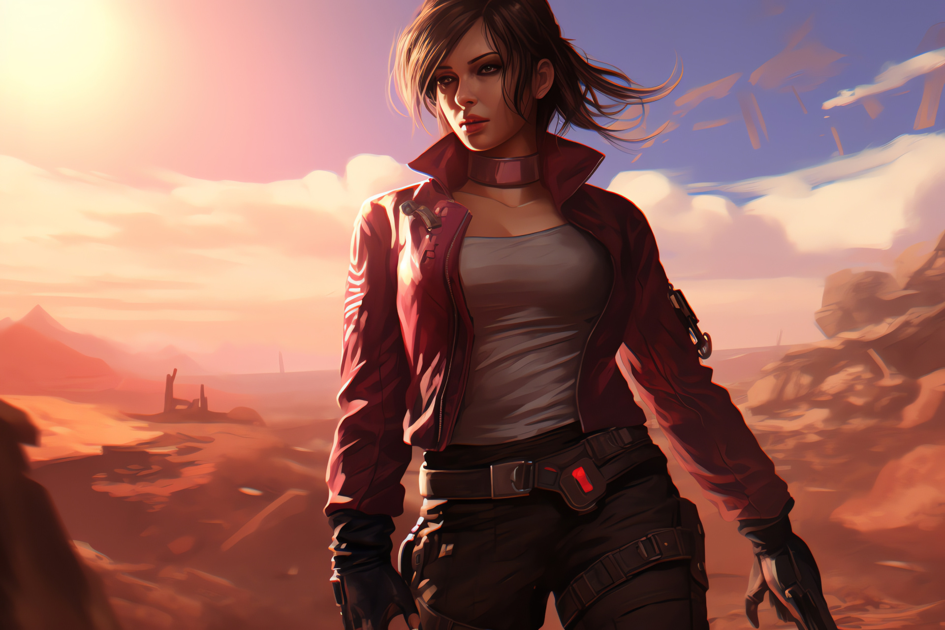 Virtual Claire Redfield, Resident Evil landscape, Cliffside gaming, Barren wasteland backdrop, Desolate virtual scene, HD Desktop Image