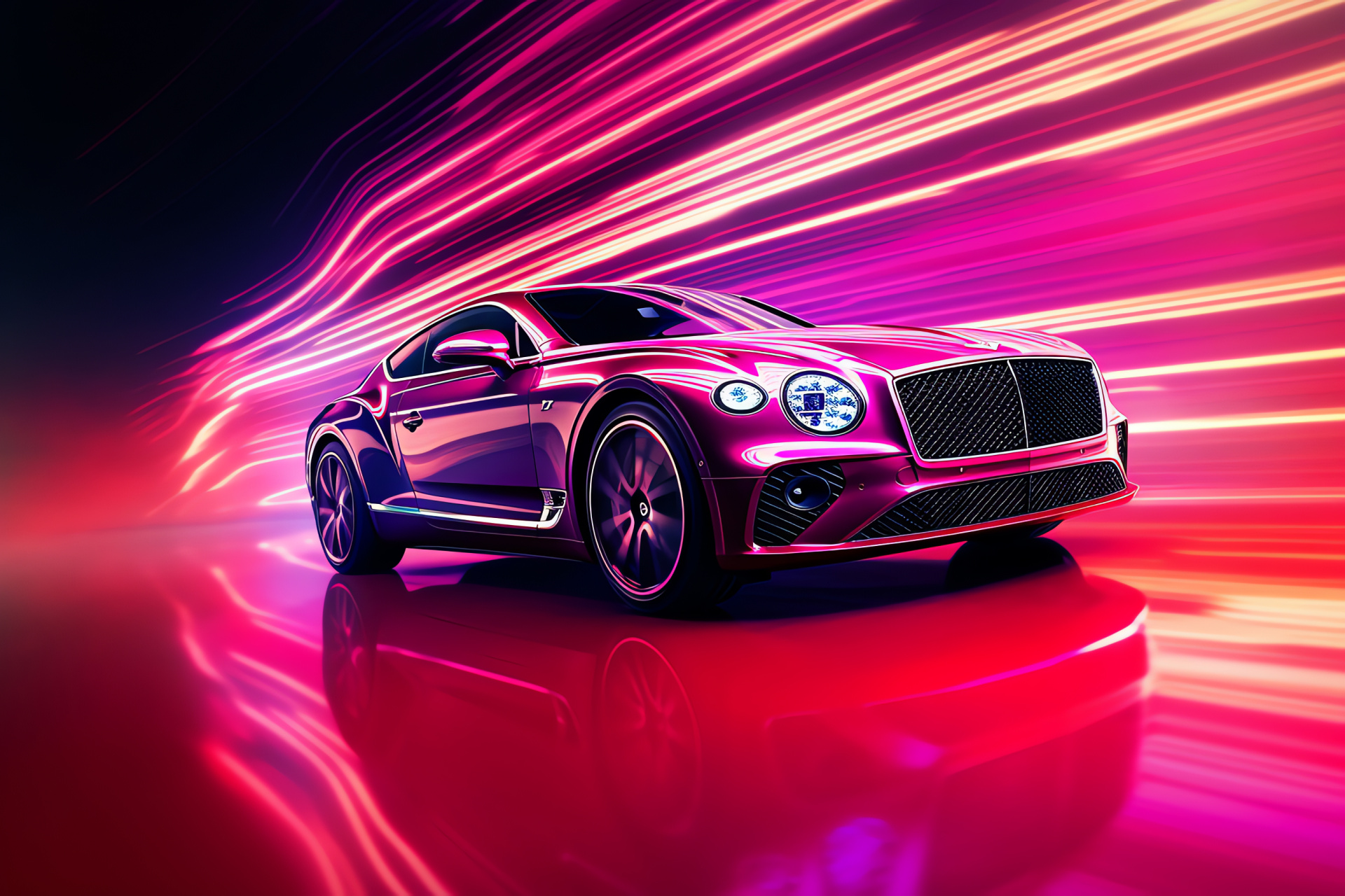 Bentley Continental GT, Luxury grand tourer, Ethereal pink and purple hues, Swirling light artistry, British automotive art, HD Desktop Wallpaper