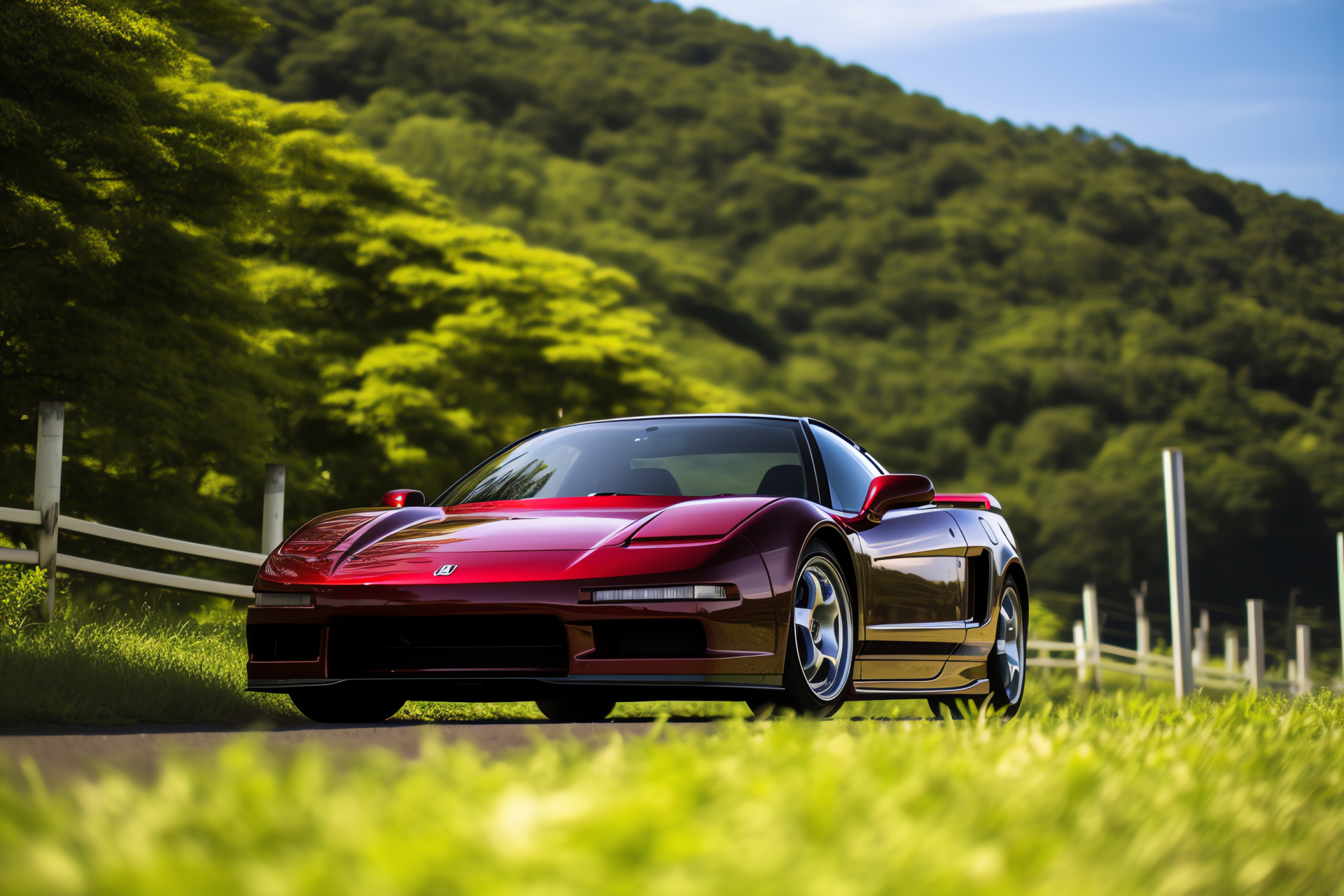 Honda VTEC engine, supercar silhouette, Japanese circuit, rural backdrop, verdant foliage, HD Desktop Wallpaper