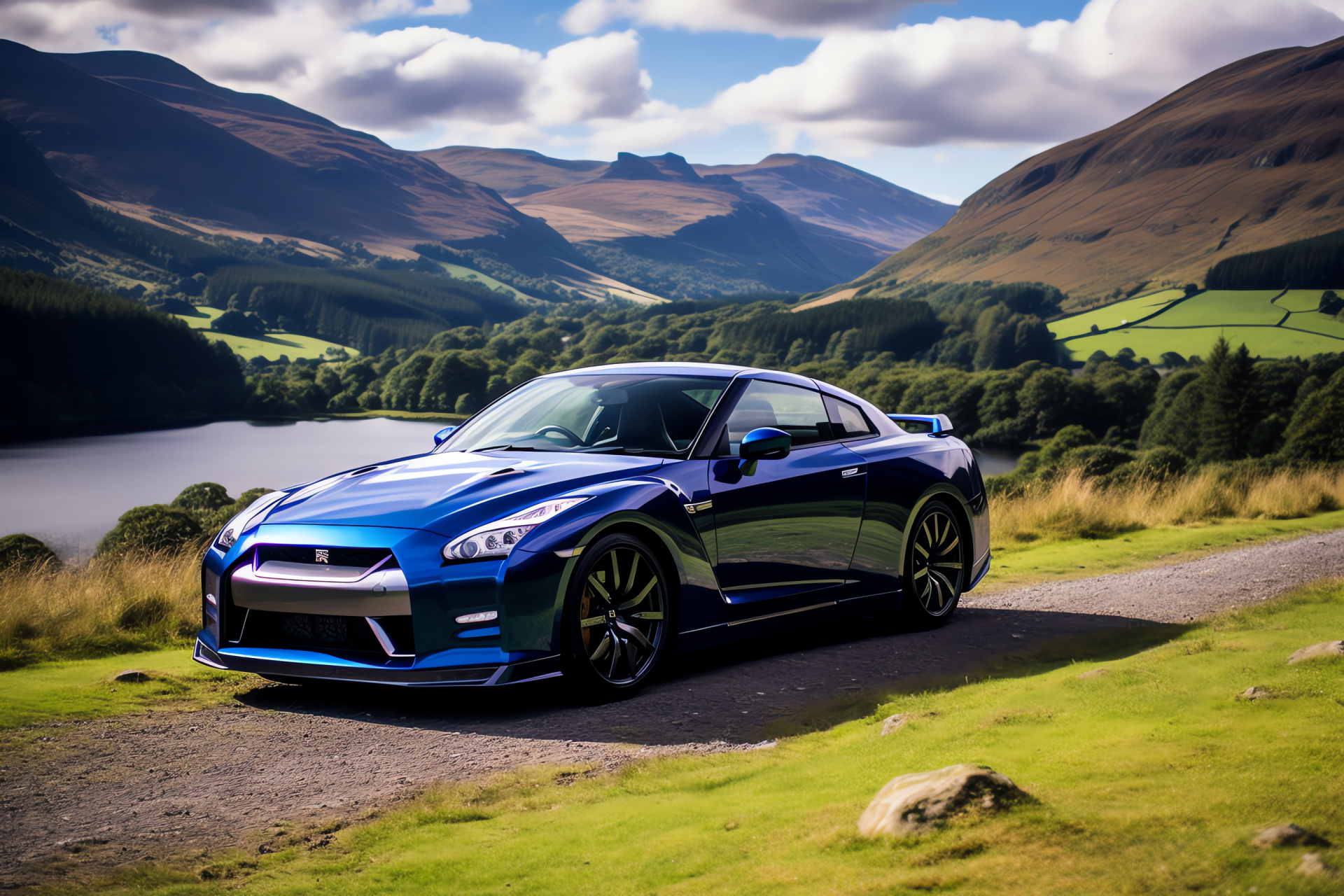 Nissan GTR R35 in Scotland, Skyline Edition vehicle, Metallic finish, Scenic driving routes, European adventure, HD Desktop Image