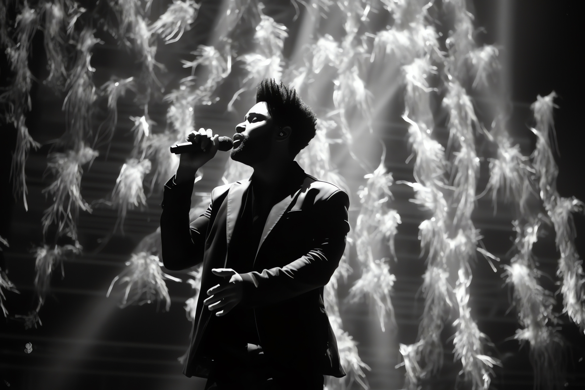 The Weeknd in Save Your Tears video, cinematic grand stage, elaborate extravagant outfit, artistic music experience, HD Desktop Wallpaper