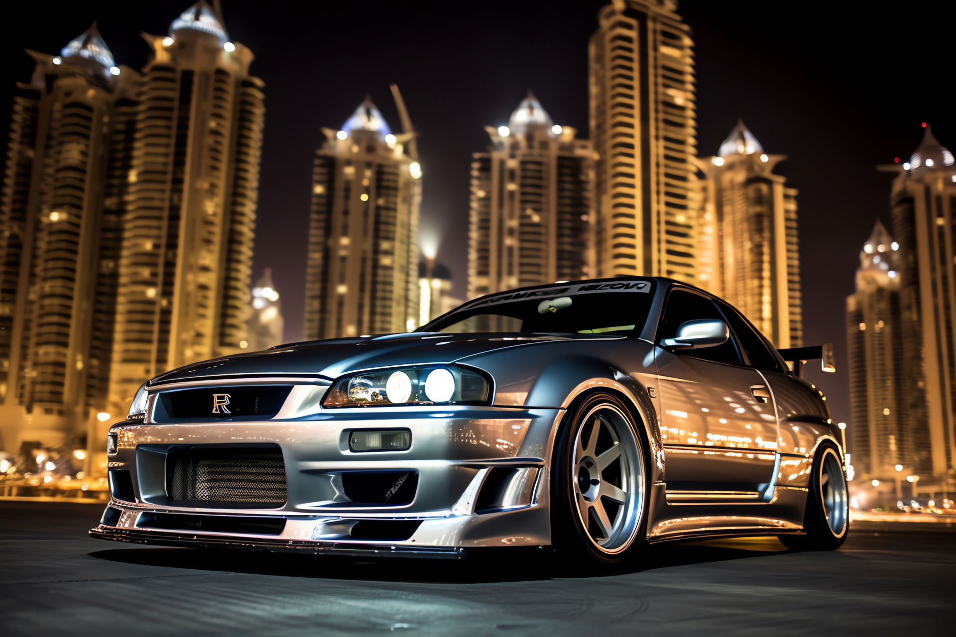 Nissan Skyline R32 GTR, High-performance tuning, Dubai skyline backdrop, Silver coupe, Luxury landmarks, HD Desktop Wallpaper