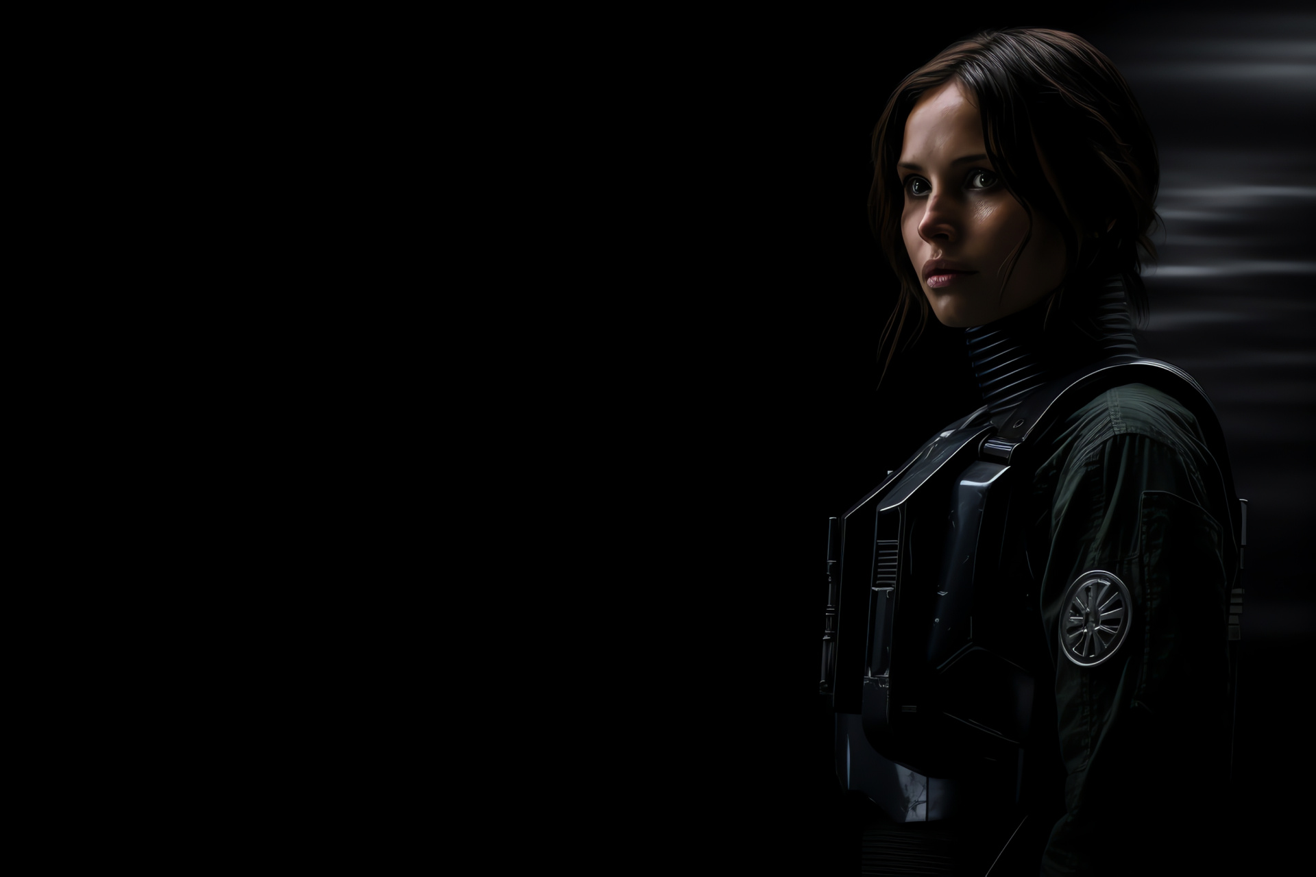 Jyn Erso from Rogue One, Steely resolve, Emerald irises, Stark contrast backdrop, Rebellious posture, HD Desktop Wallpaper