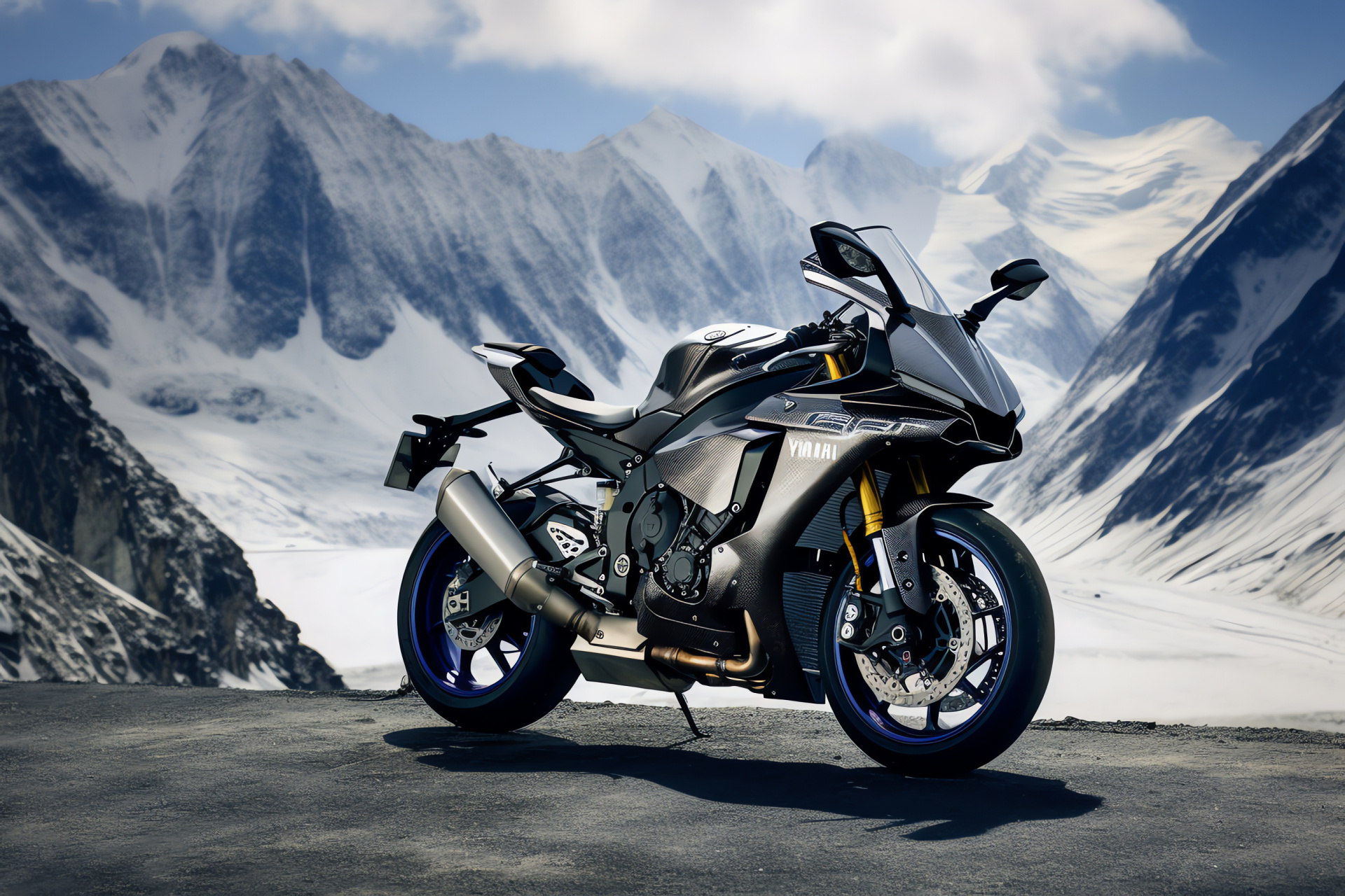 Yamaha R1M, Swiss Alps scene, sportbike, alpine curves, snow-capped backdrop, HD Desktop Image