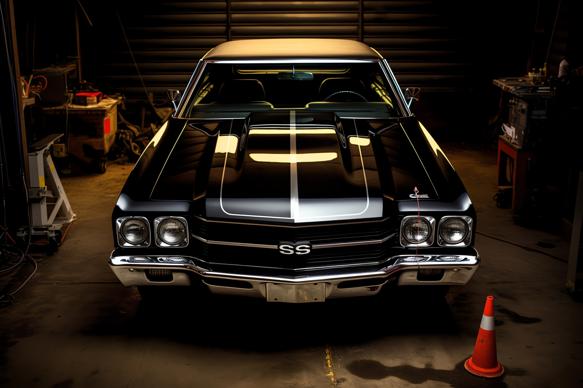 Chevrolet Chevelle SS 454, Private collection, Glossy onyx finish, Garage setting, Car preservation, HD Desktop Image