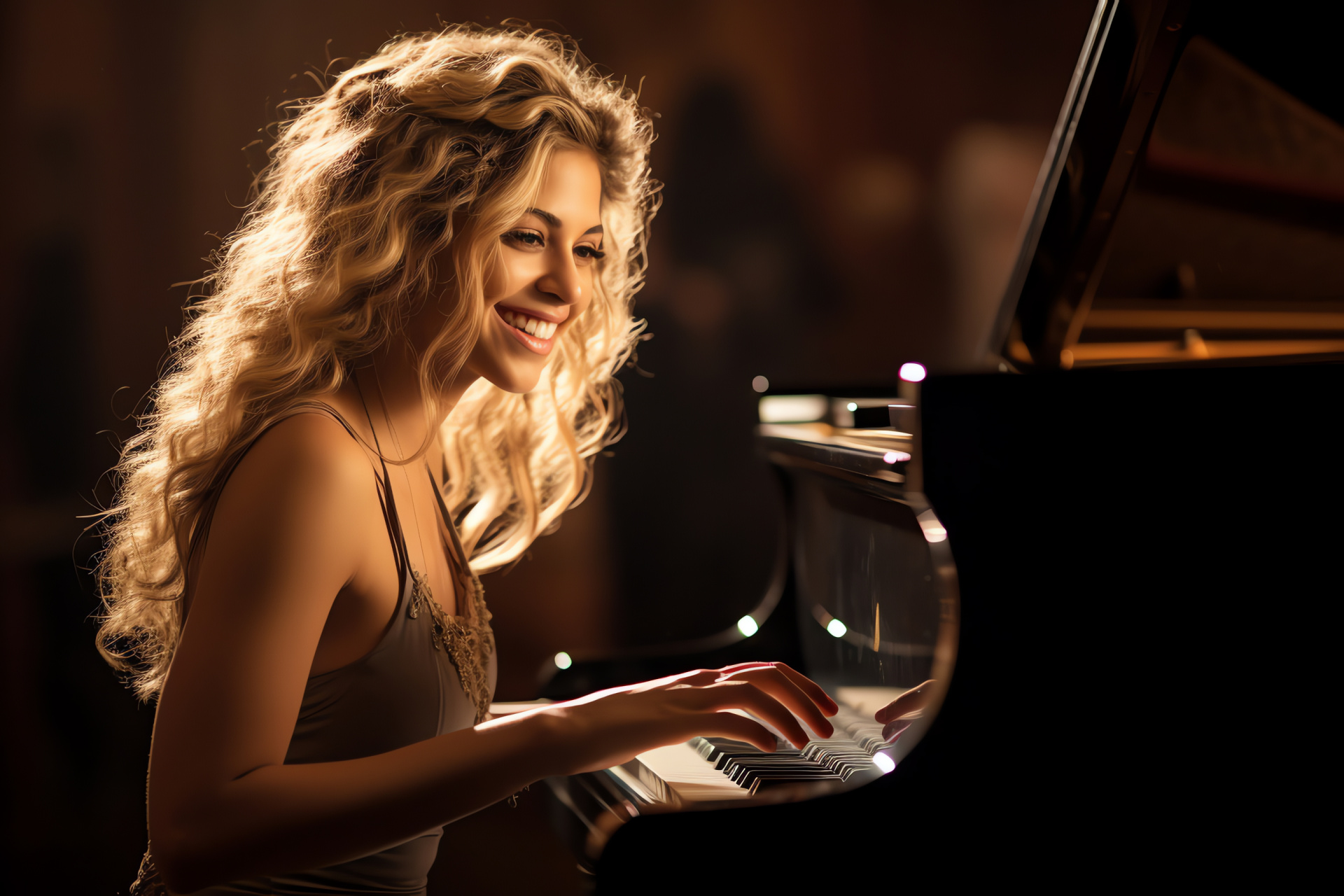 Shakira with piano, Musical genius, Engaging brown eyes, Melodic expression, Pianist's grace, HD Desktop Image