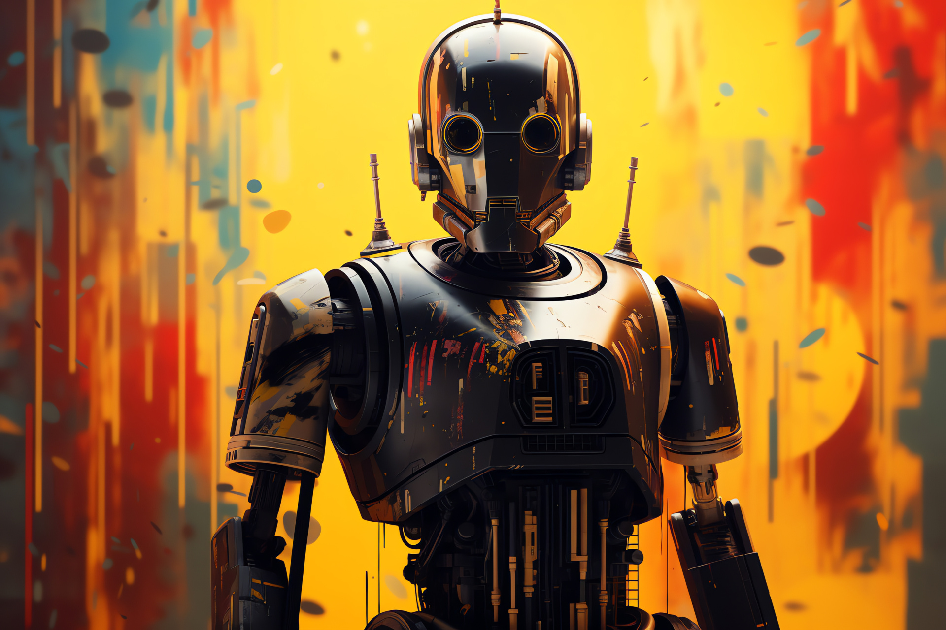 K-2SO reprogrammed droid, complex circuitry, polygonal backdrop, artificial intelligence, film prop, HD Desktop Image