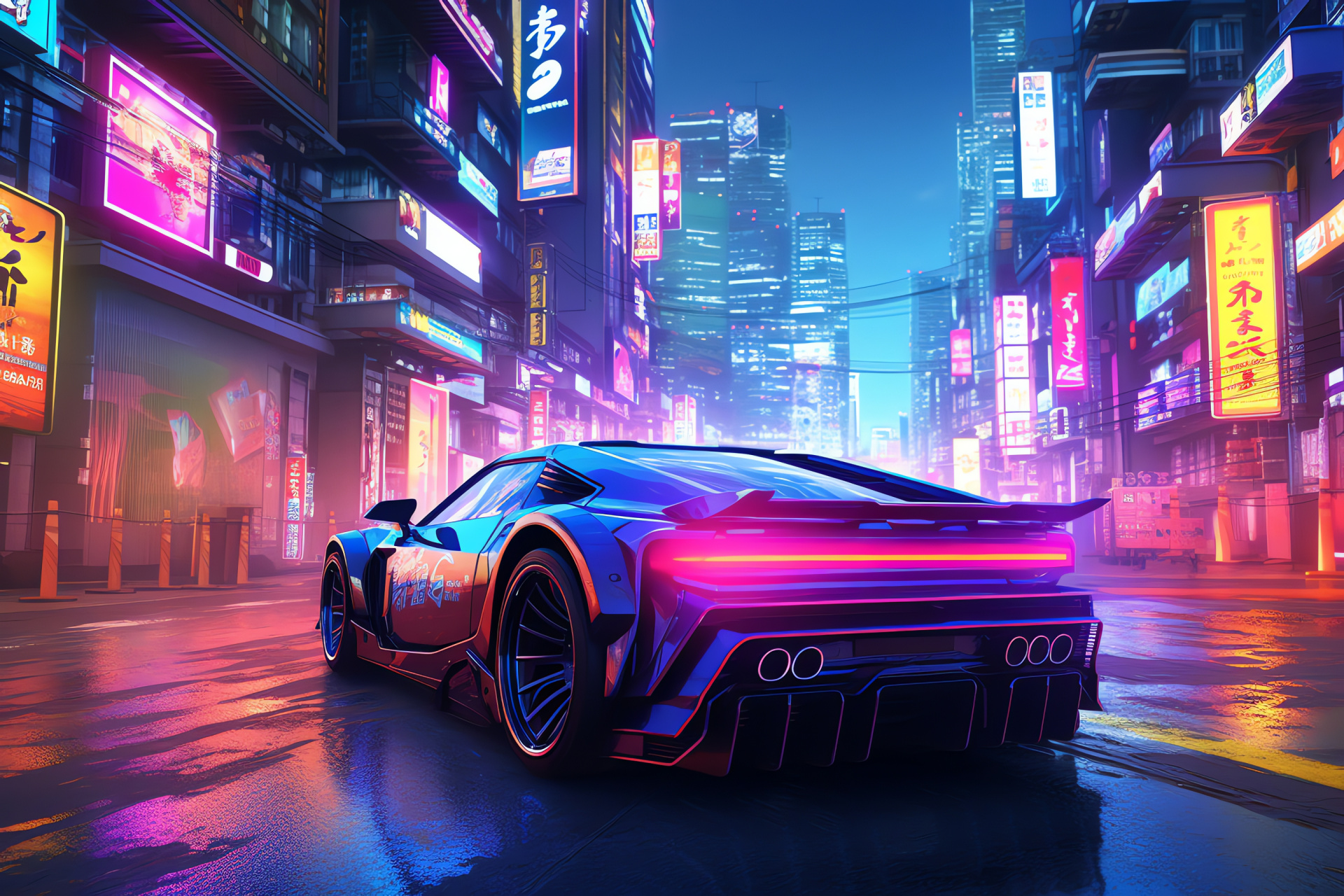 Neon automobile, Tokyo-inspired setting, illuminated urban roads, cybercity aesthetics, glowing lights, HD Desktop Wallpaper