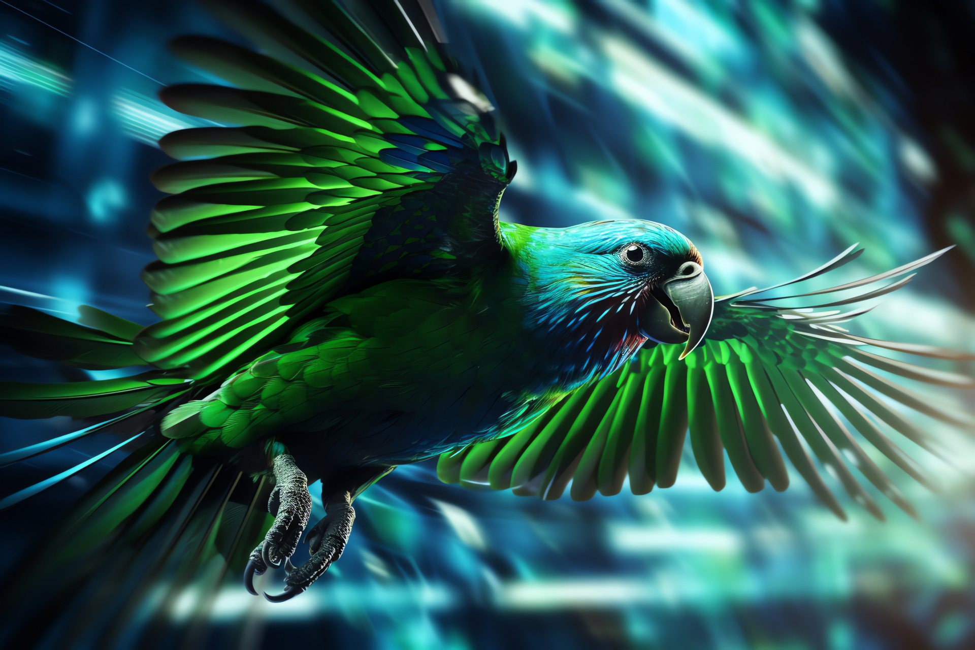 Green Parrot, Tropical flight, Blue plumage, Static backdrop, Avian motion, HD Desktop Wallpaper