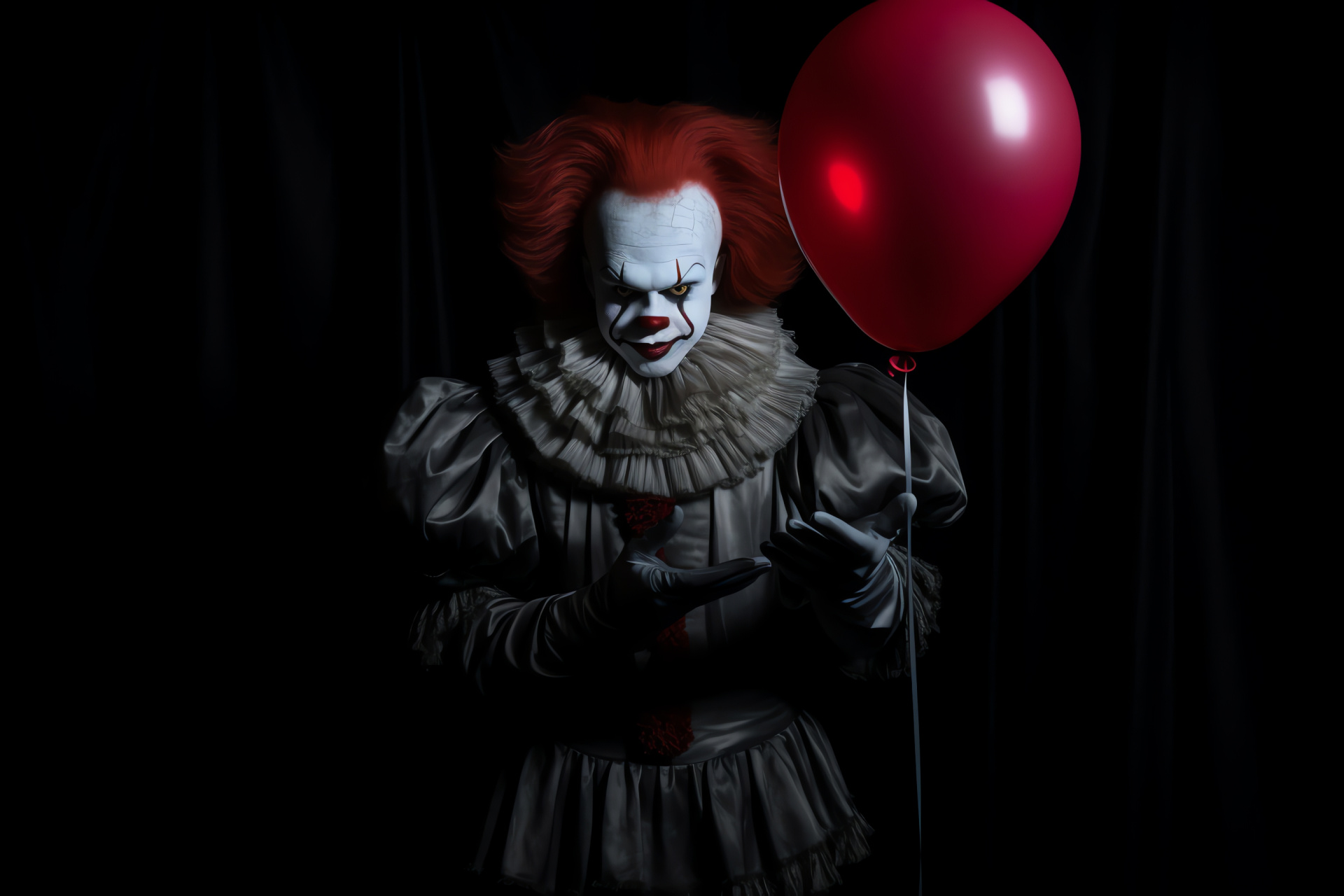 Terrifying Pennywise, floating red toy, void scene, intense stare, monstrous smirk, HD Desktop Wallpaper