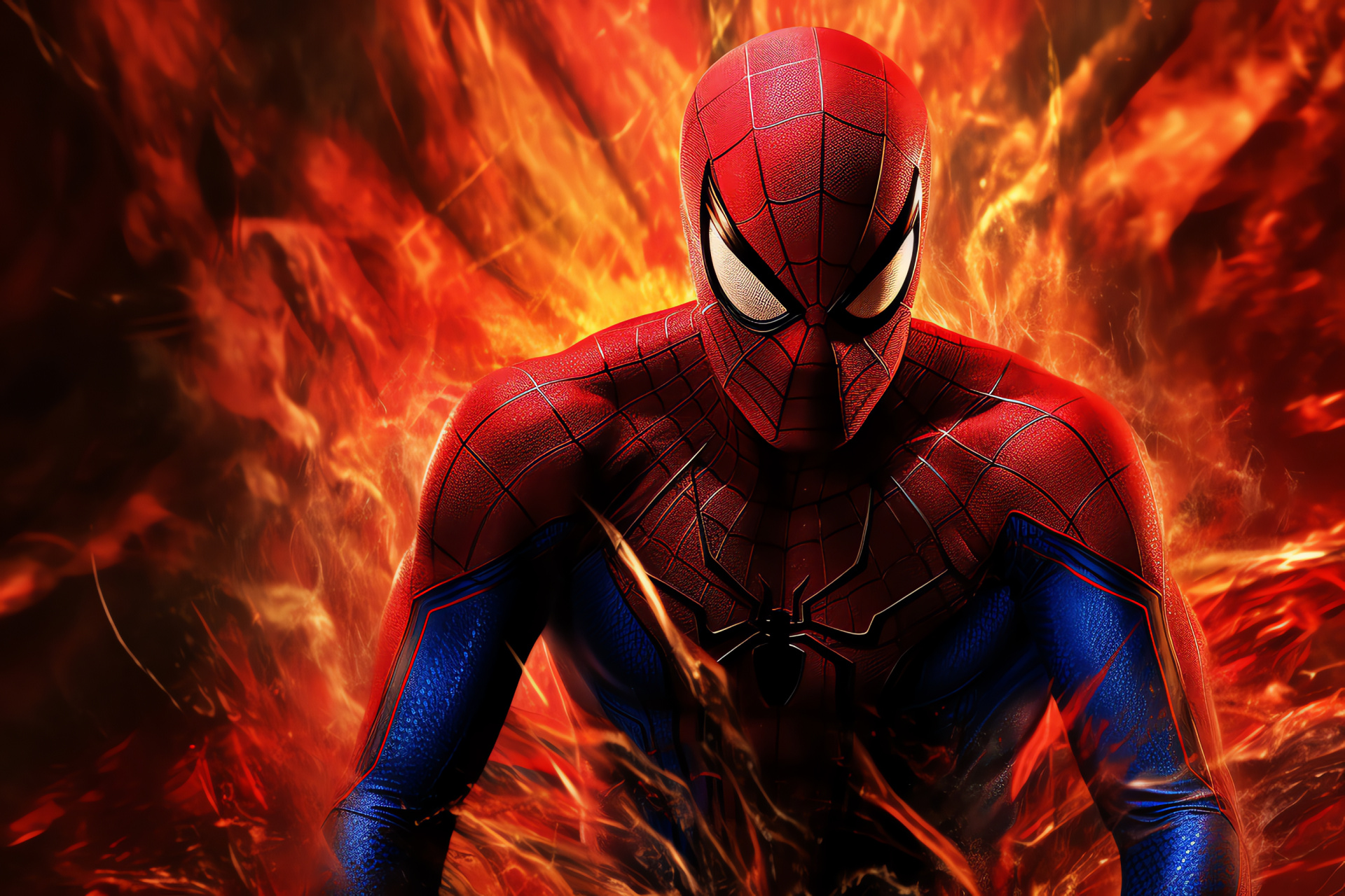 Spiderman figure, resolute superhero, commanding pose, two-tone visual, cinematic allure, HD Desktop Image