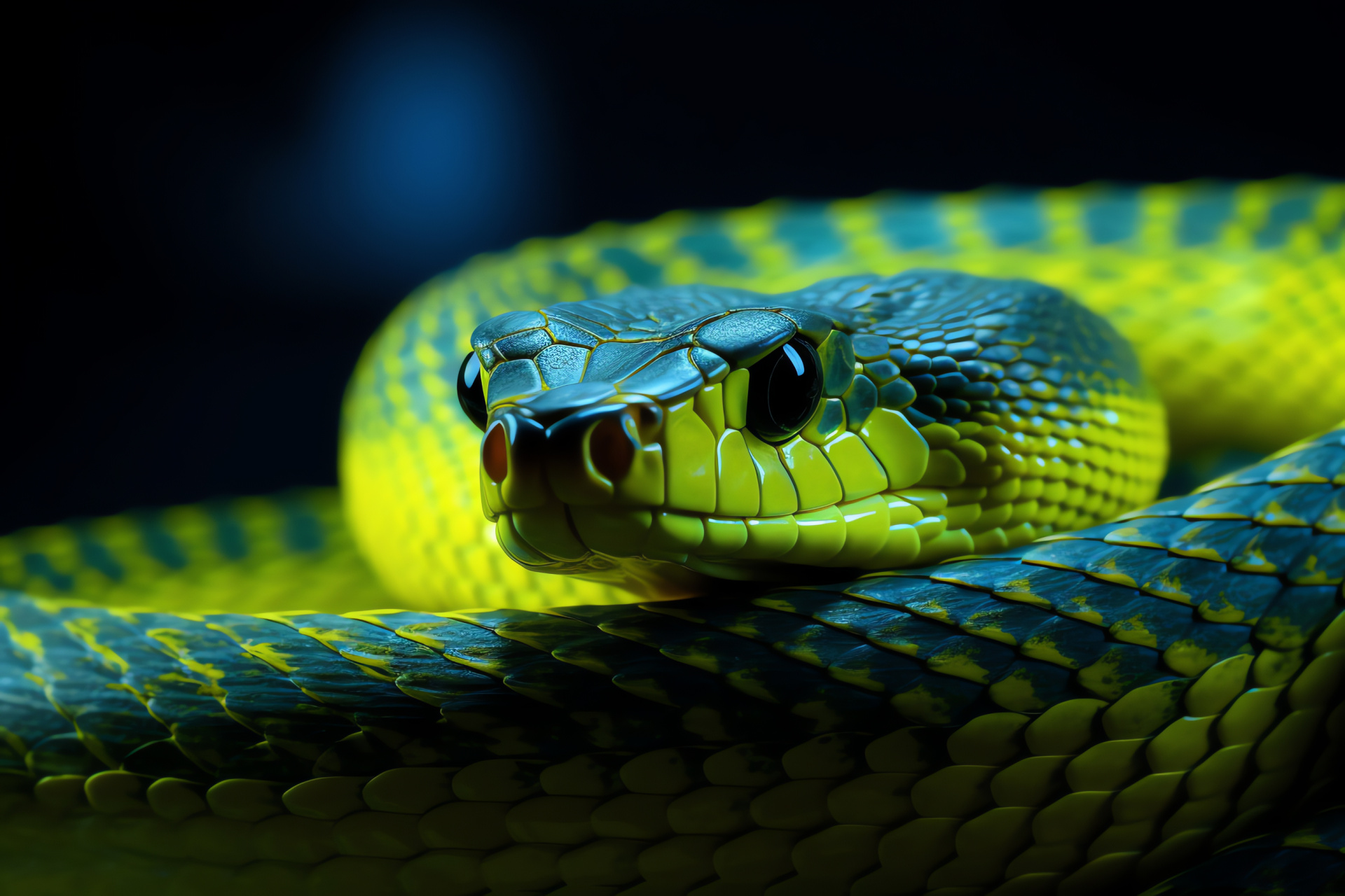 Vivid yellow serpent, Glistening reptile, Lively snake movement, Dramatic contrasting backdrop, Radiant serpentine beauty, HD Desktop Wallpaper