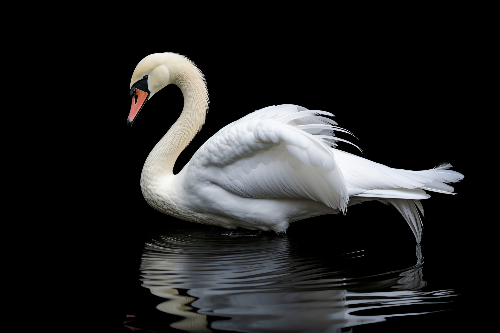 Swan elegance, Waterfowl serenity, Grey plumage, Black backdrop contrast, Pond reflection, HD Desktop Image