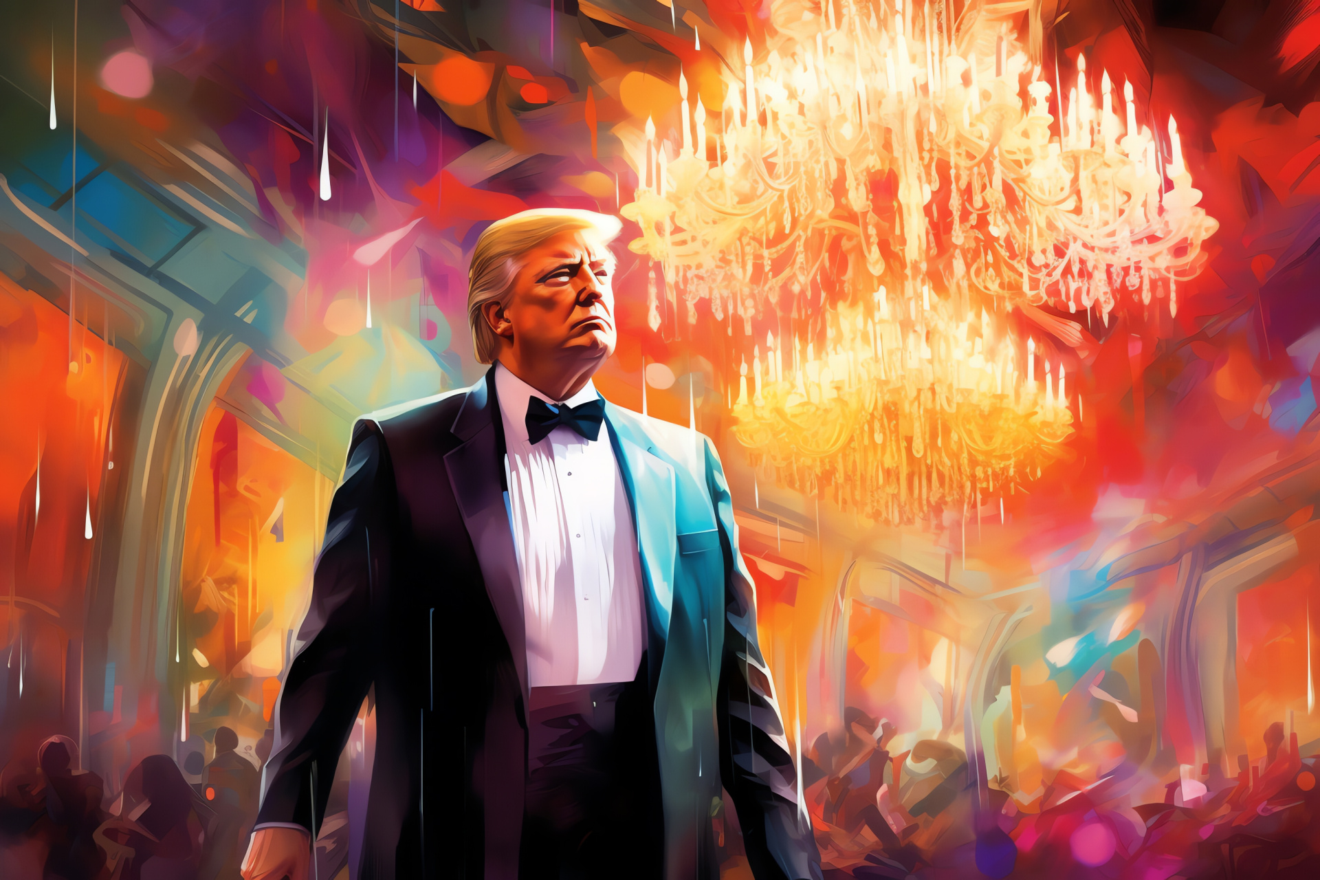 Trump at gala, luxurious ballroom, grandiose chandeliers, elegant tailored tuxedo, celebrity event, HD Desktop Image