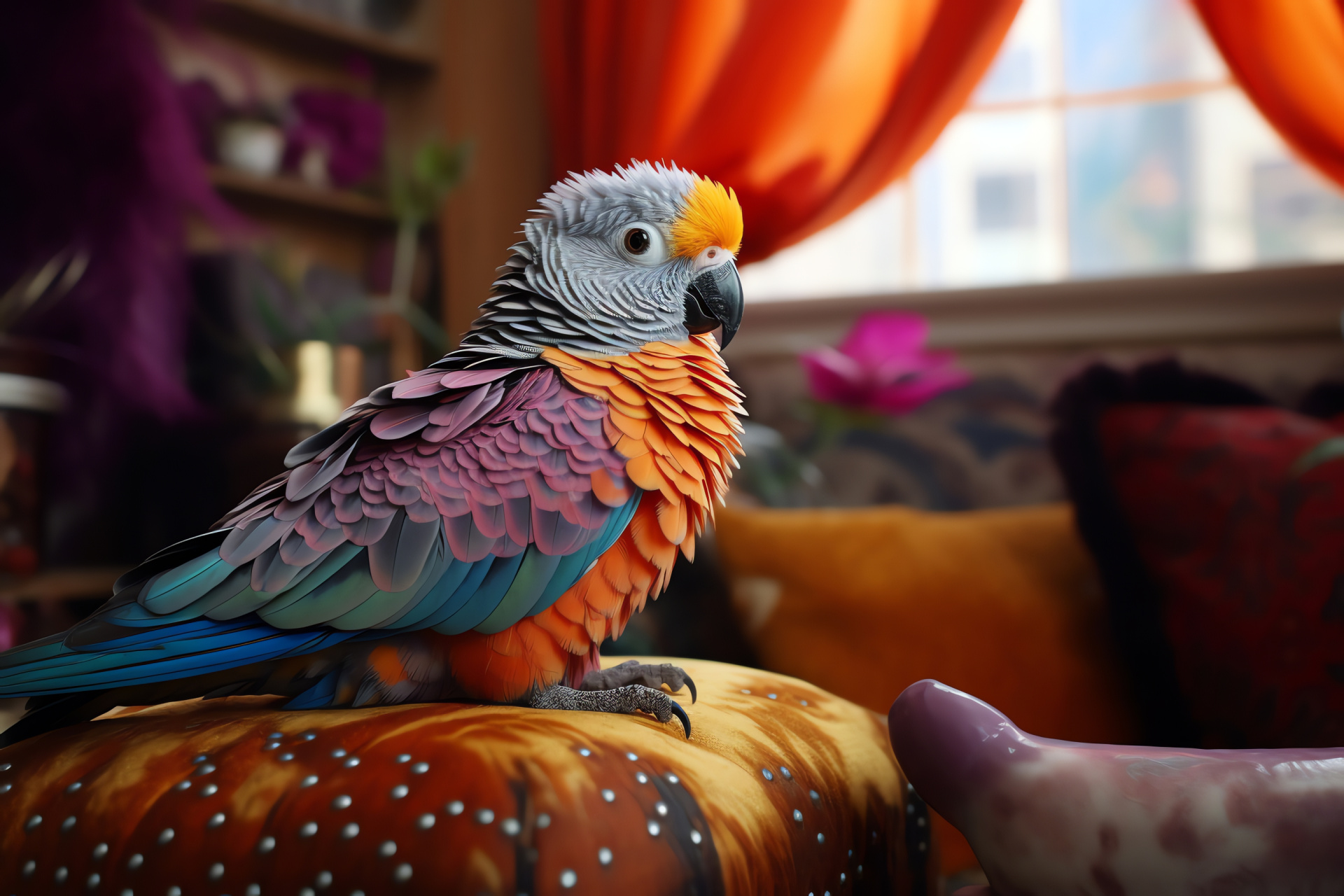 Parakeet home, Feathers violet, Beak vibrant orange, Interior warm, Comfort avian, HD Desktop Wallpaper