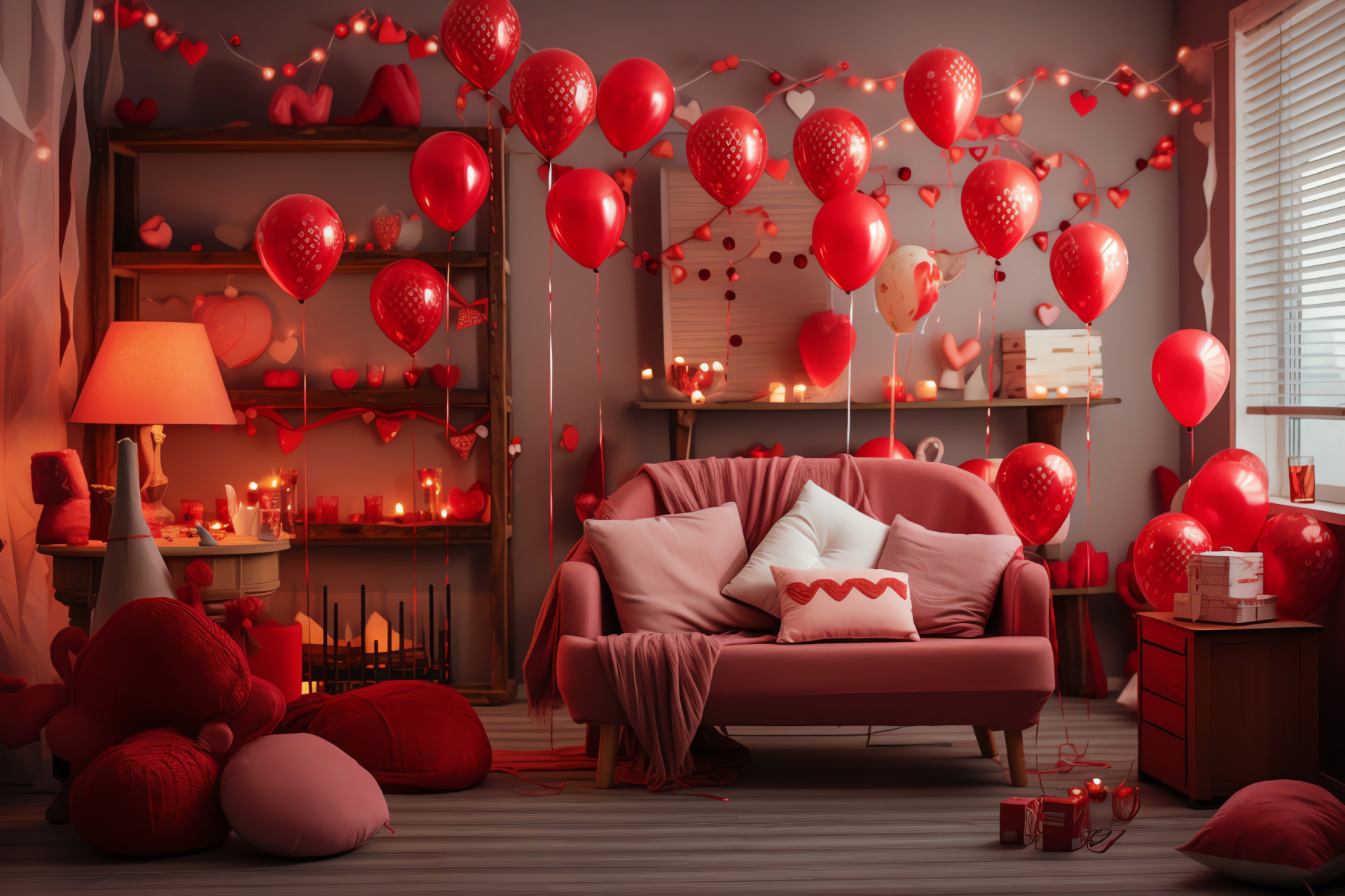 Valentine's Day home decor, Romantic balloon shapes, Party ribbons, Cheerful gathering space, Love festivity, HD Desktop Wallpaper