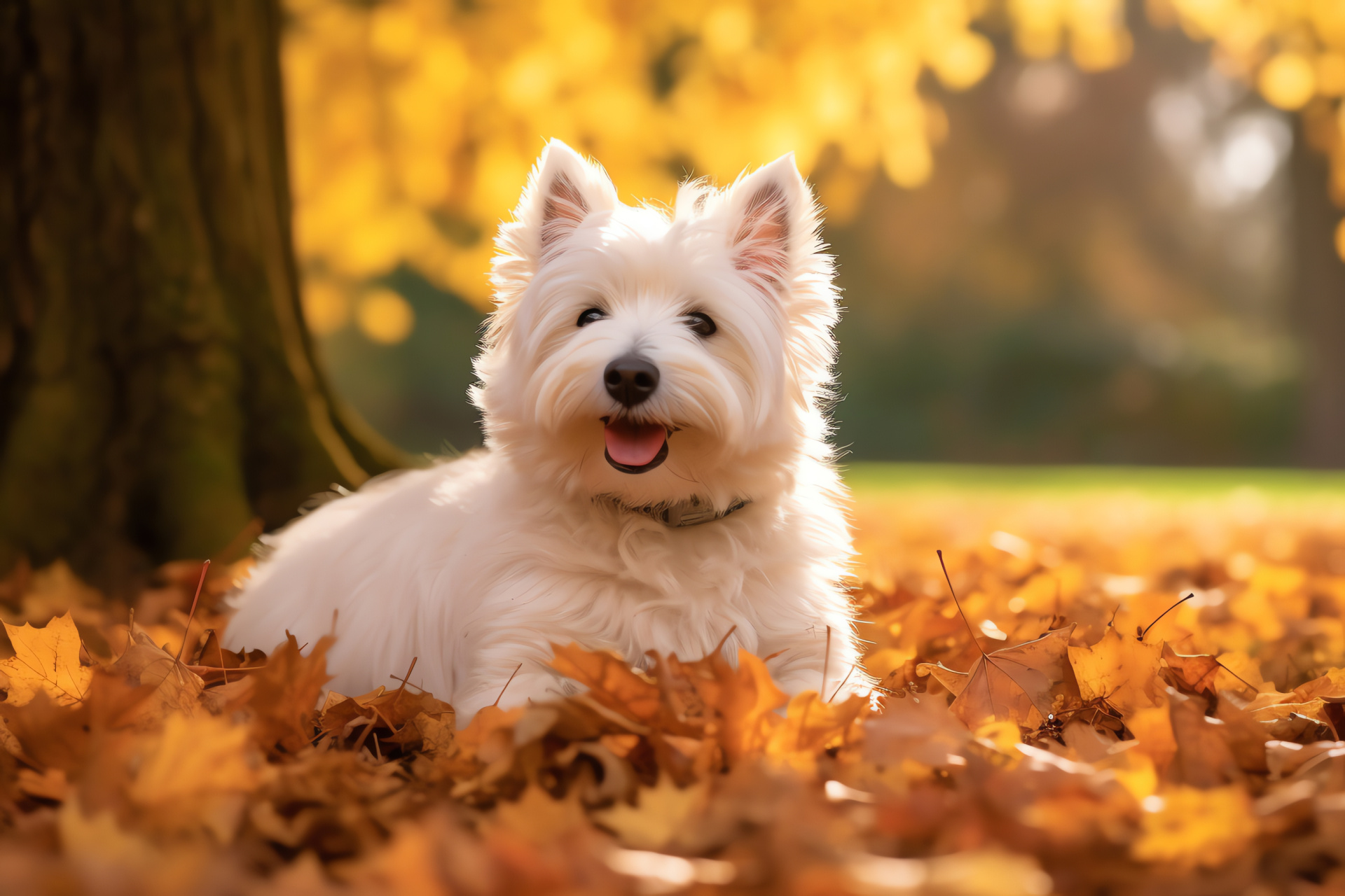 West Highland Terrier, Canine breed detail, Autumn dog portrait, Pristine white coat, Natural fallen foliage, HD Desktop Image