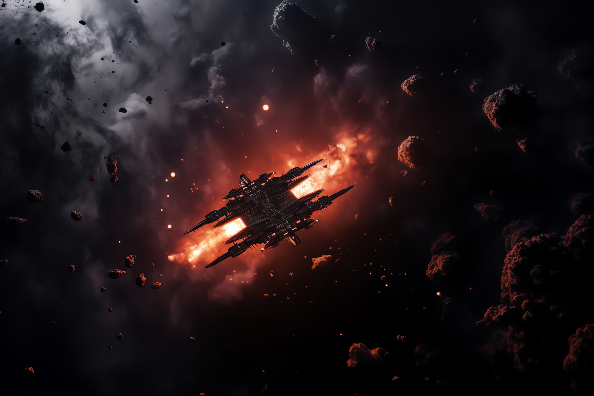 Solo starfighter, expansive cosmic scene, chiaroscuro intensity, shadowy vessel, ember glows, HD Desktop Wallpaper