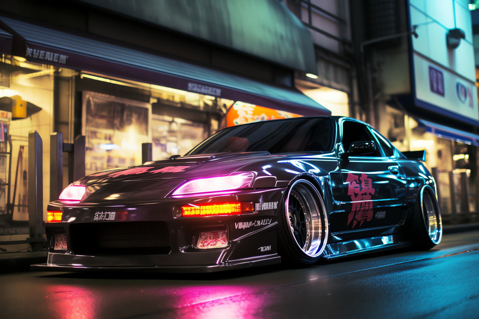 Slammed performance, Tokyo nights, aesthetic tuning, driving culture, illuminated city ambiance, HD Desktop Wallpaper