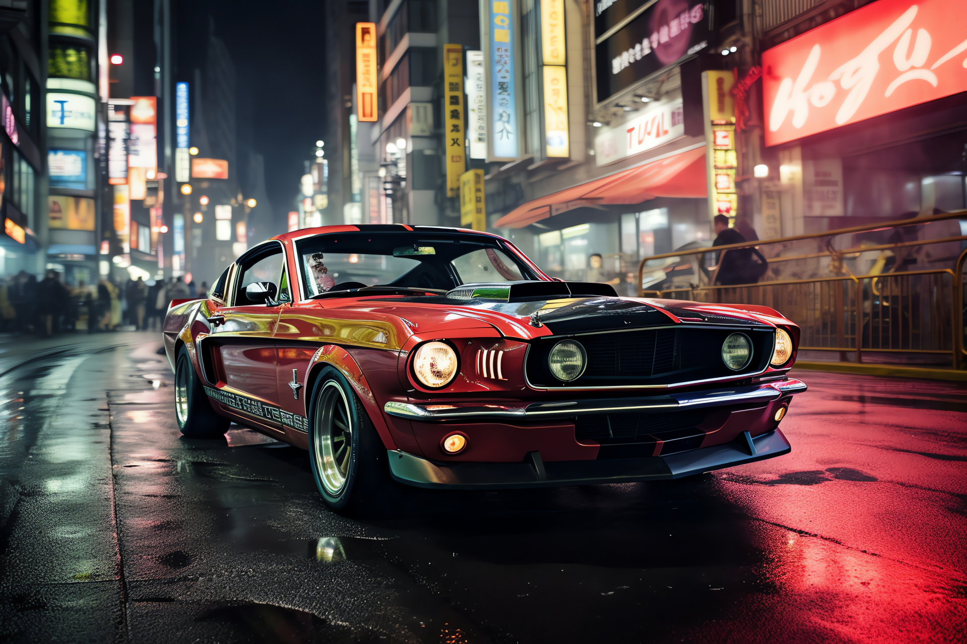 Ford Mustang in Tokyo, Urban drift art, Neon nocturne, Shibuya district, Motion and energy, HD Desktop Wallpaper