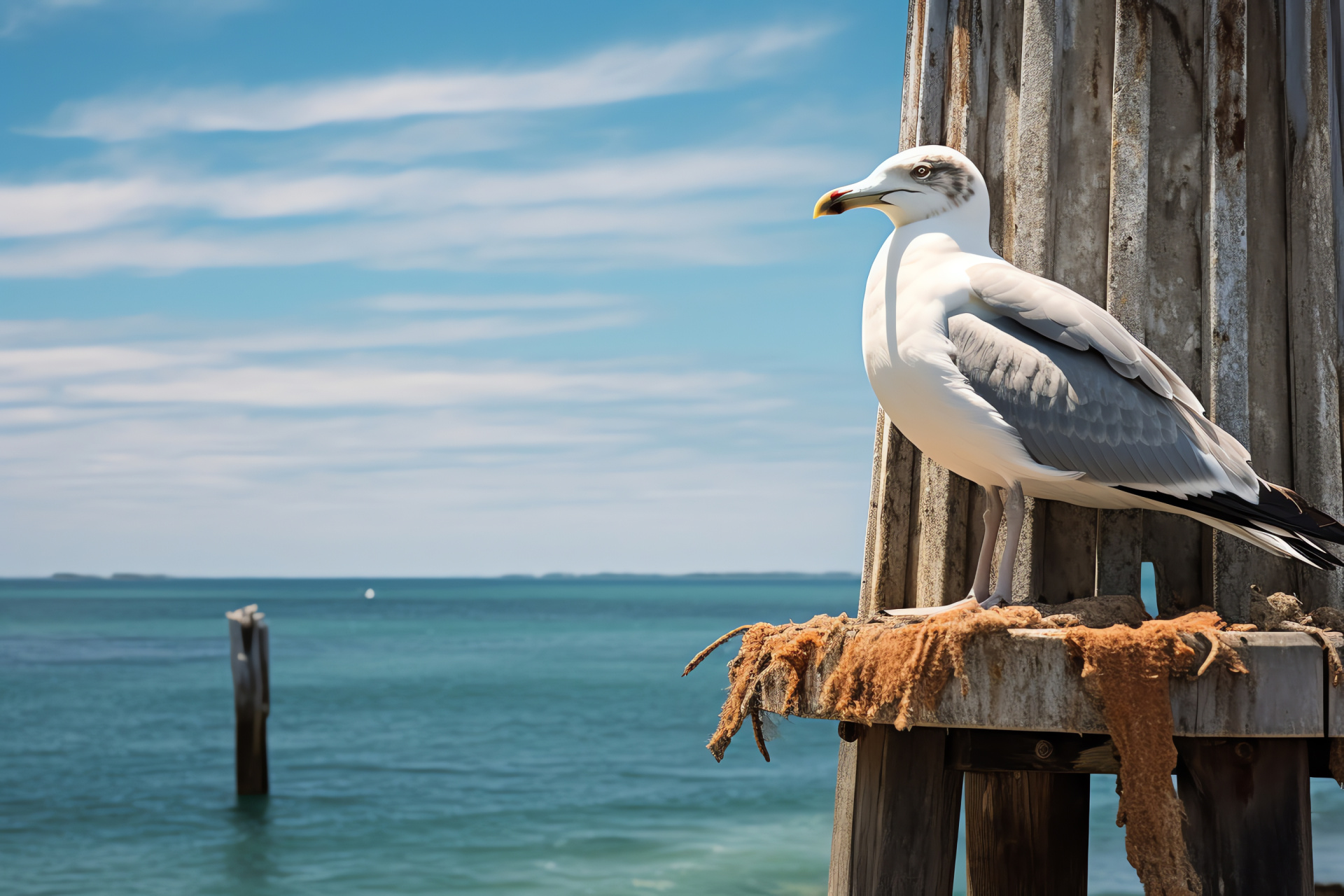 Seagull, Turquoise eyes, White feathers, Lighthouse, Tranquil scene, HD Desktop Wallpaper