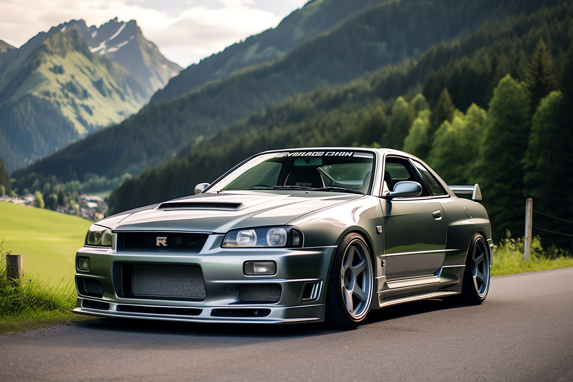 Nissan Skyline GTR, Alpine driving, V-Spec II edition, Silver sports car, Mountain roads, HD Desktop Wallpaper