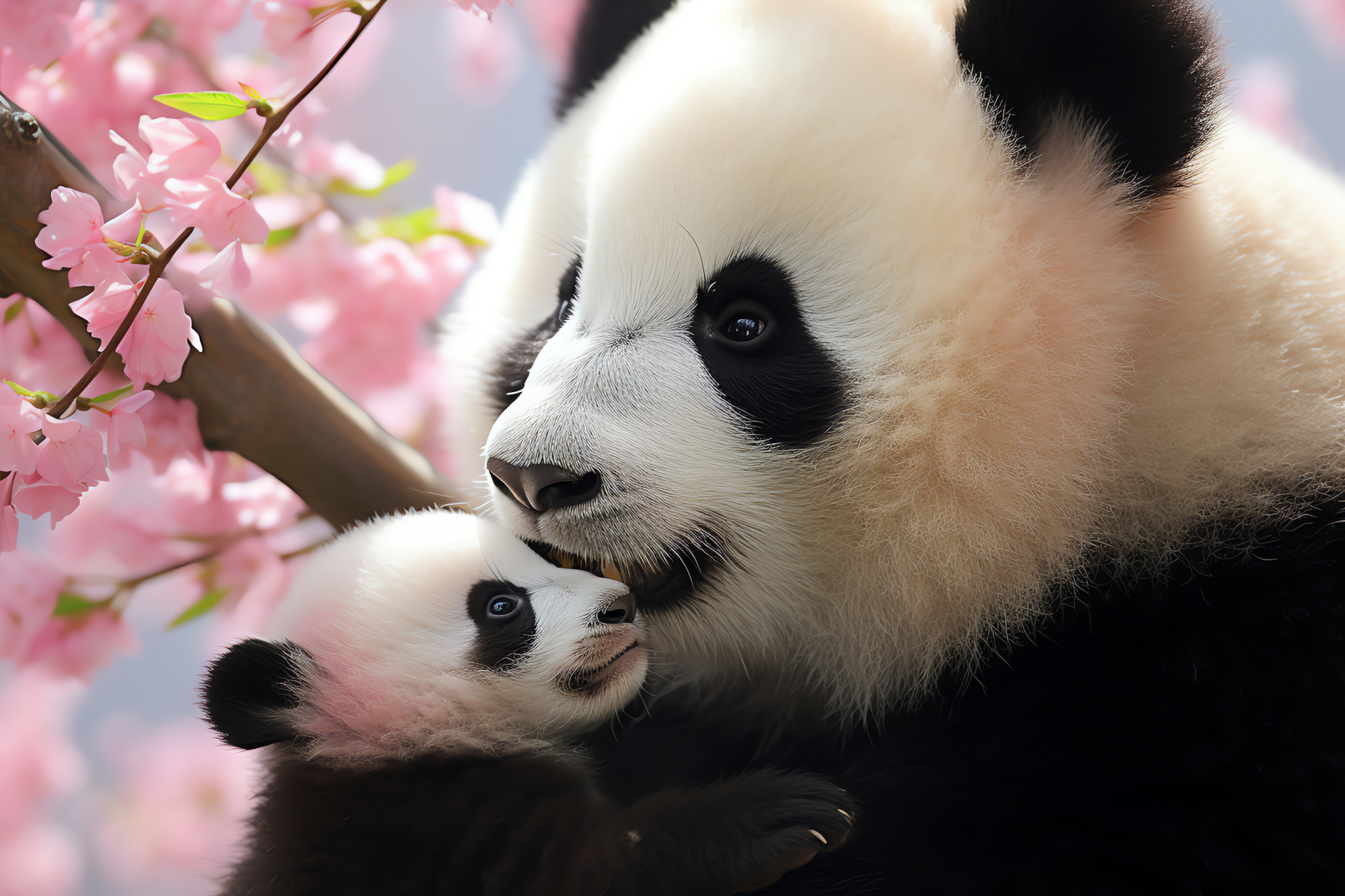 Maternal Panda, Cub bonding, Newborn wildlife, Cherished fauna, Forest nursery, HD Desktop Wallpaper