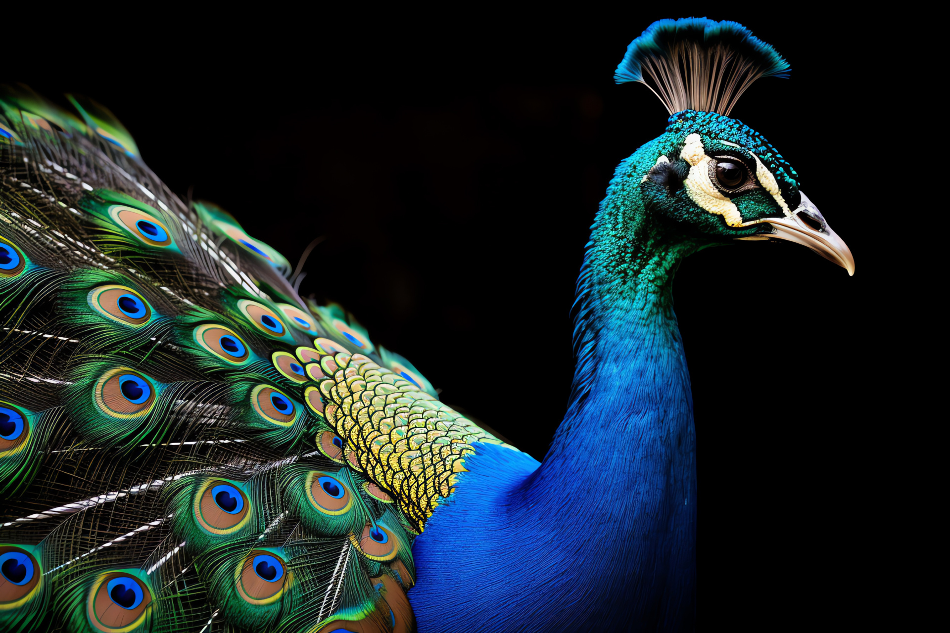 Majestic Peacock display, Ornate bird feathers, Peacock plumage, Exotic bird, Dark backdrop contrast, HD Desktop Wallpaper