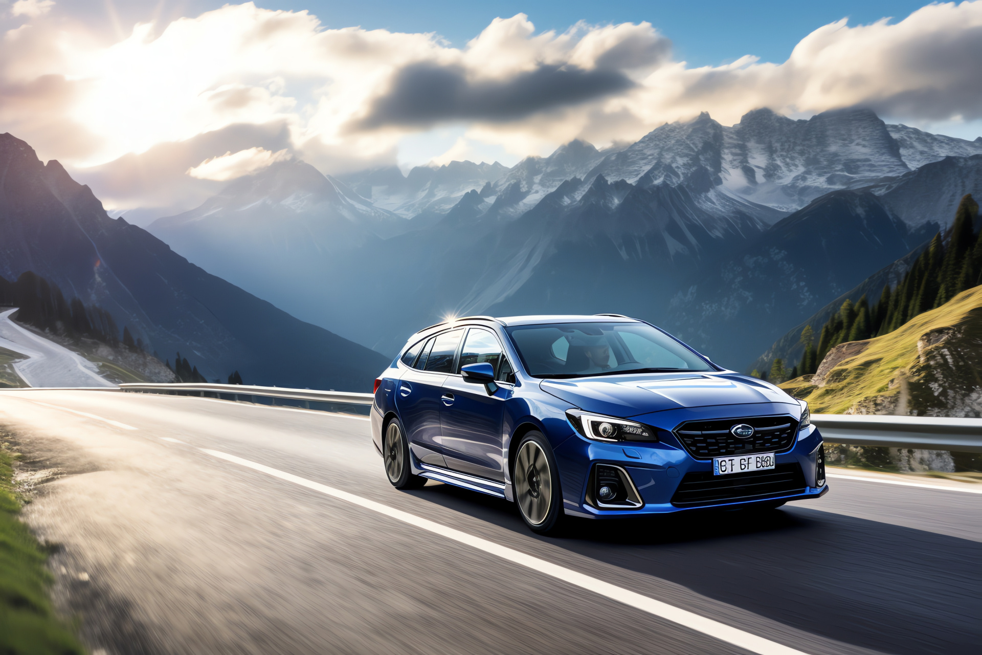 Subaru Levorg GT estate, Swiss Alpine roads, serpentine mountain routes, performance engine strength, HD Desktop Image