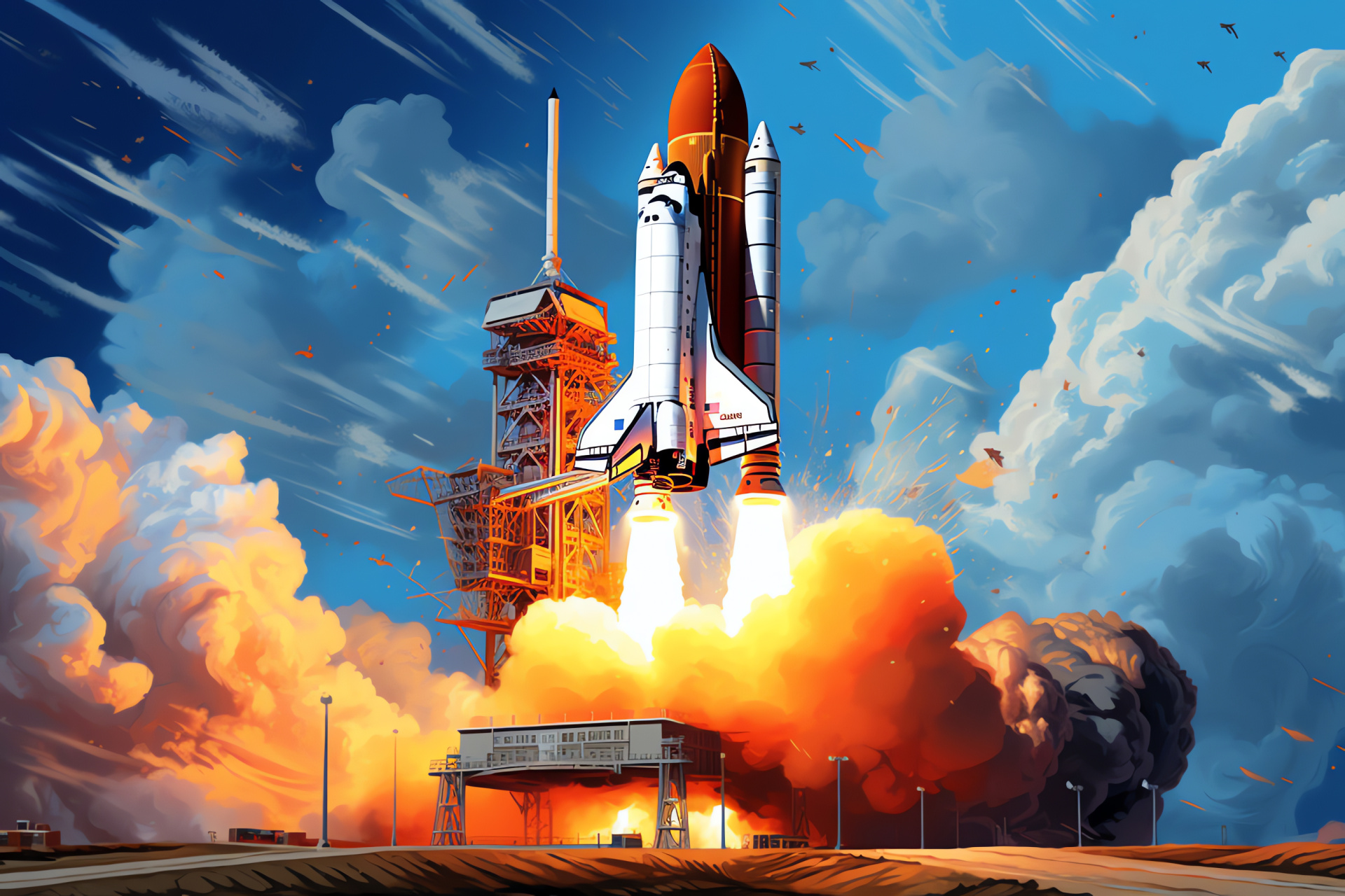 Digital rendition Space Shuttle, Kennedy base depiction, Rocket launch artwork, Atmospheric scene set, Aeronautical event portrayal, HD Desktop Wallpaper