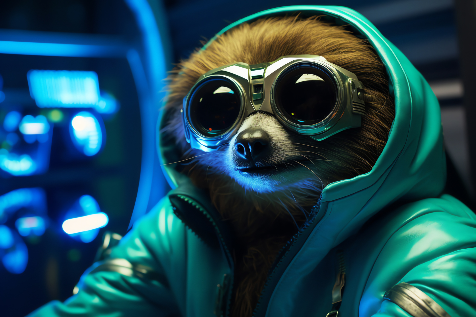 Sloth Astronaut, Emerald gaze, High-tech suit, Electric blue, Bioluminescent, Future-themed research facility, HD Desktop Wallpaper