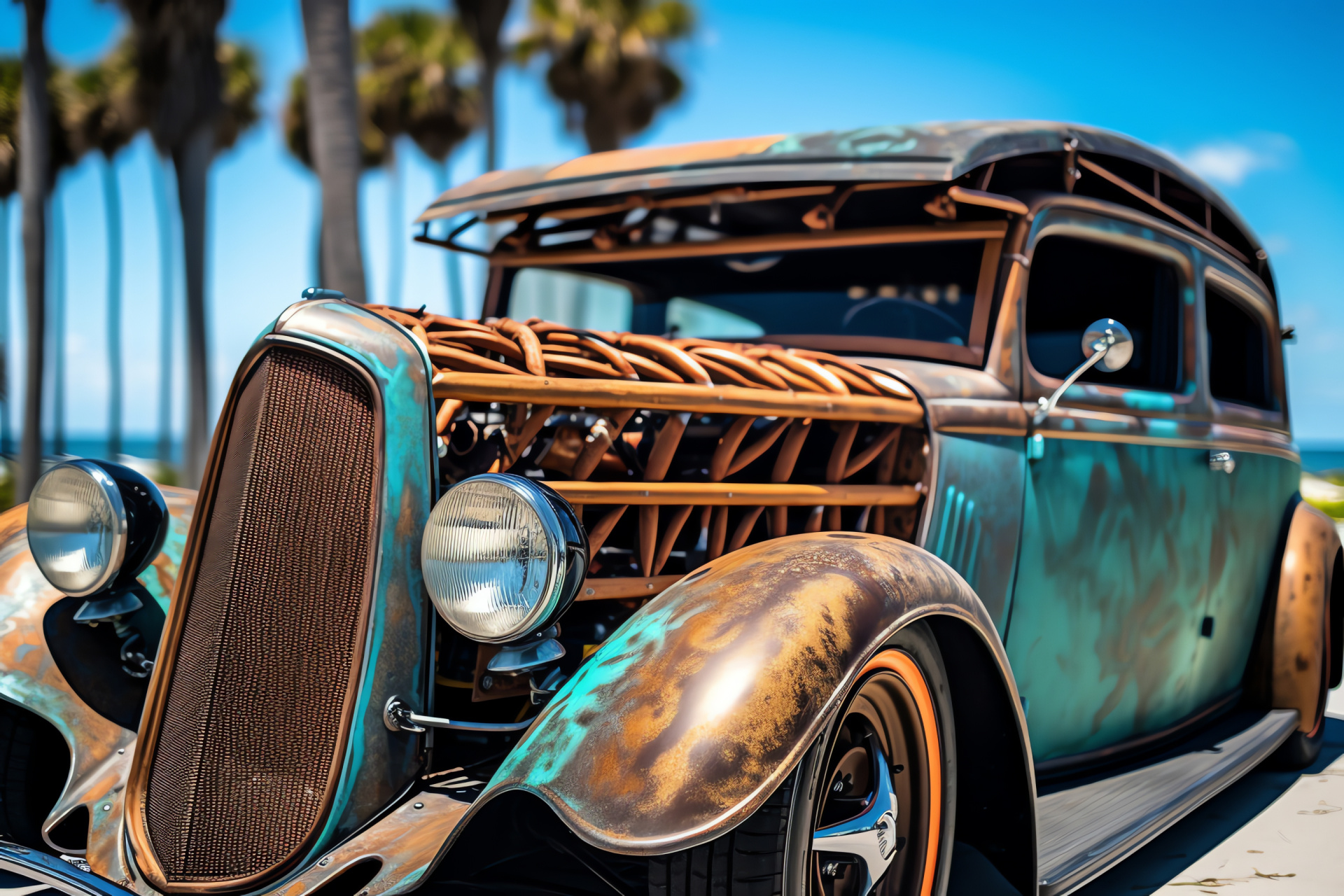 Coastal Rat Rod, Florida beachside, Vintage patina appearance, Surf lifestyle accent, Retro automotive build, HD Desktop Image