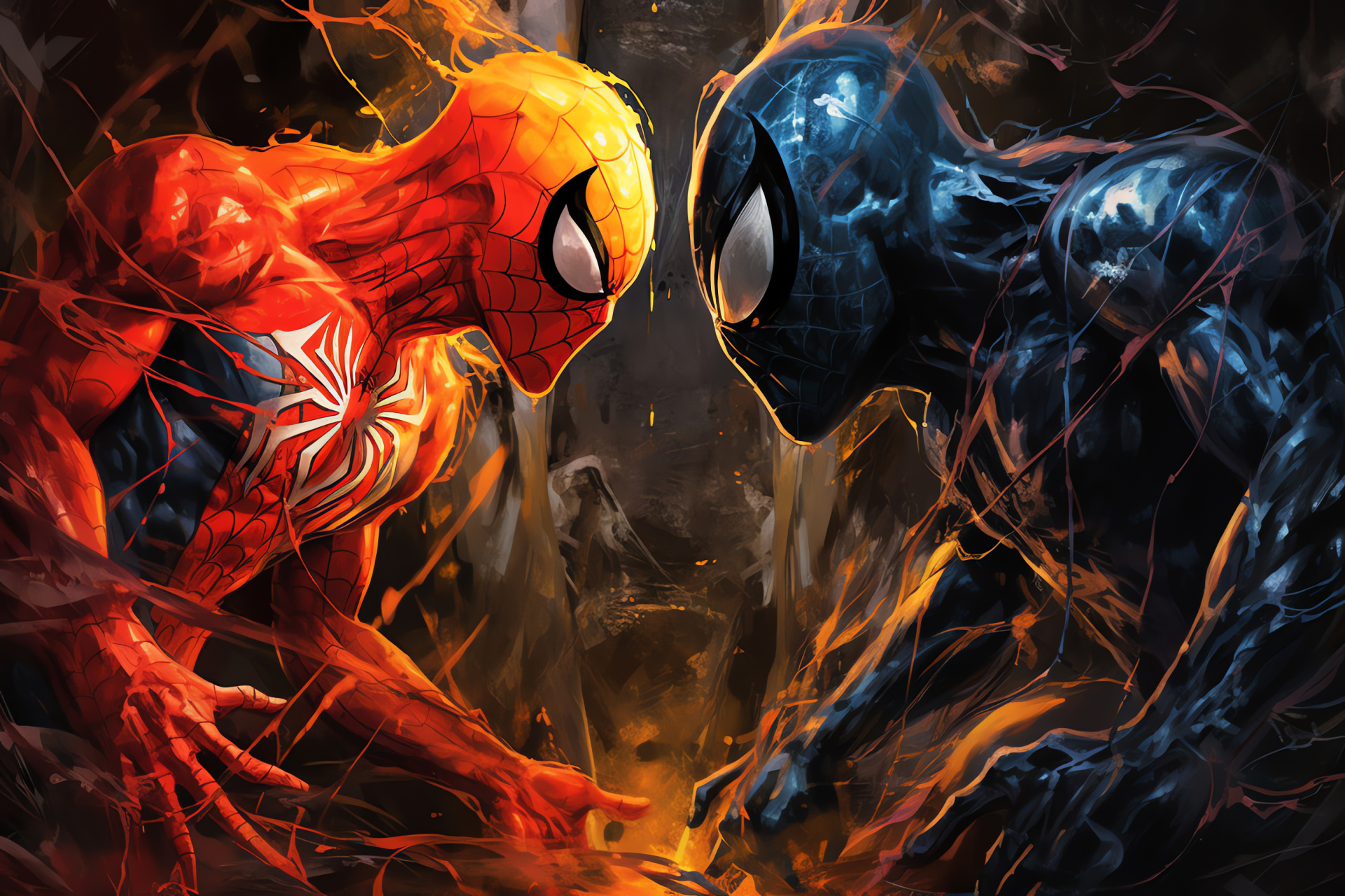 Spiderman versus Venom, adrenaline rush moment, enigmatic confrontation, superhero spectacle, colossal showdown, HD Desktop Wallpaper