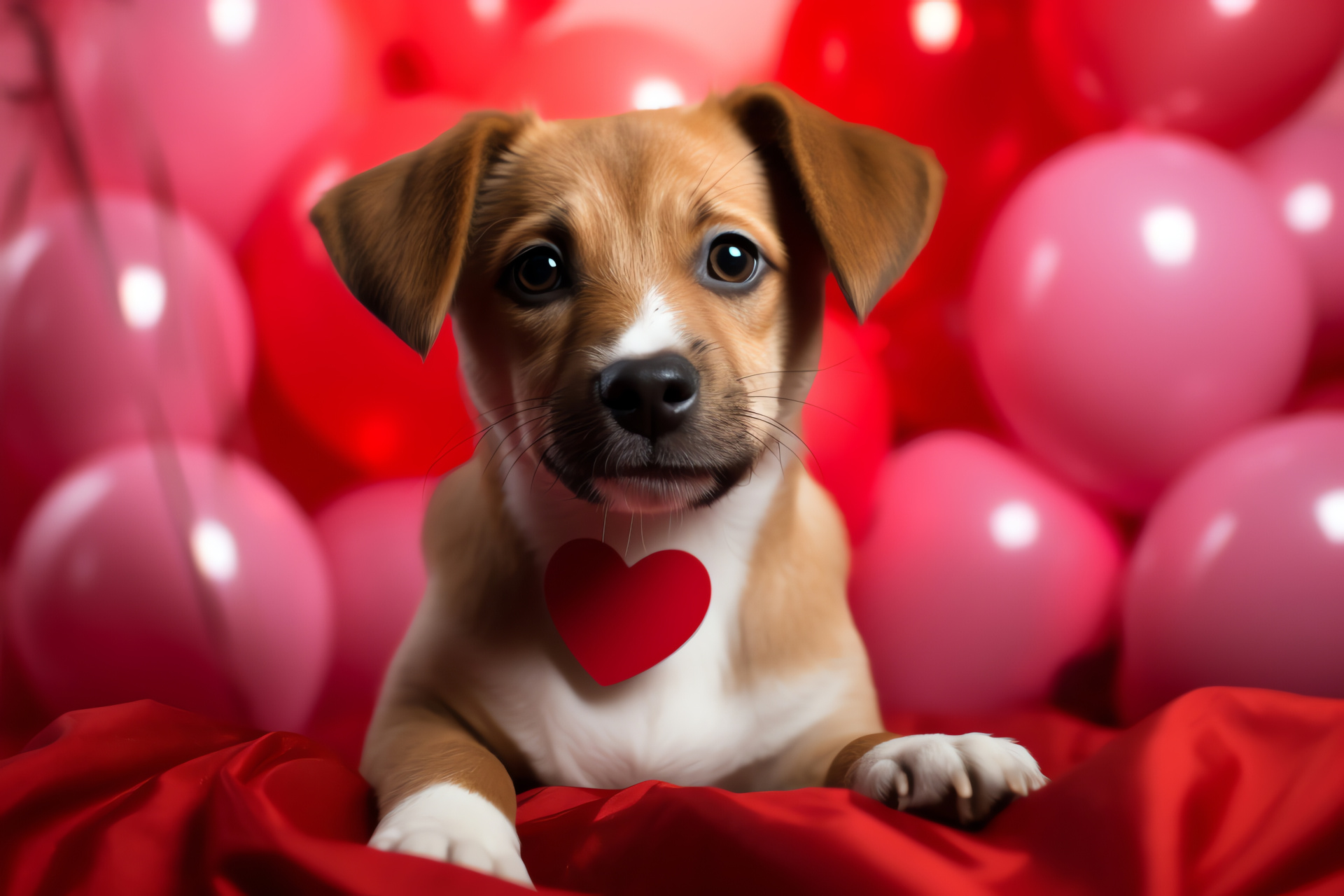 Puppy love Valentine, Adorable canine, Valentine balloons, Cheerful pet attire, Festive dog, HD Desktop Image