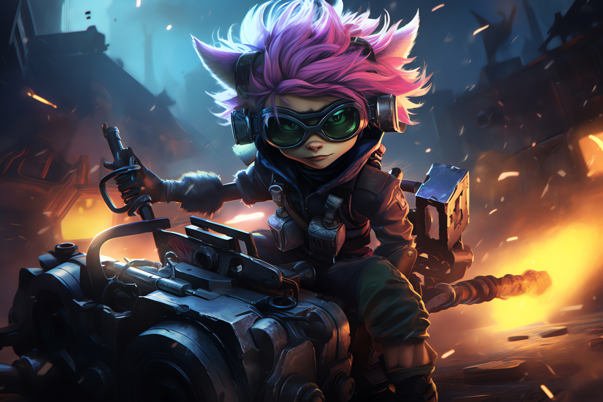 Tristana gameplay, Animated Sharpshooter, Phosphorescent urban setting, Spray-painted art, Neon cyber genre, HD Desktop Wallpaper