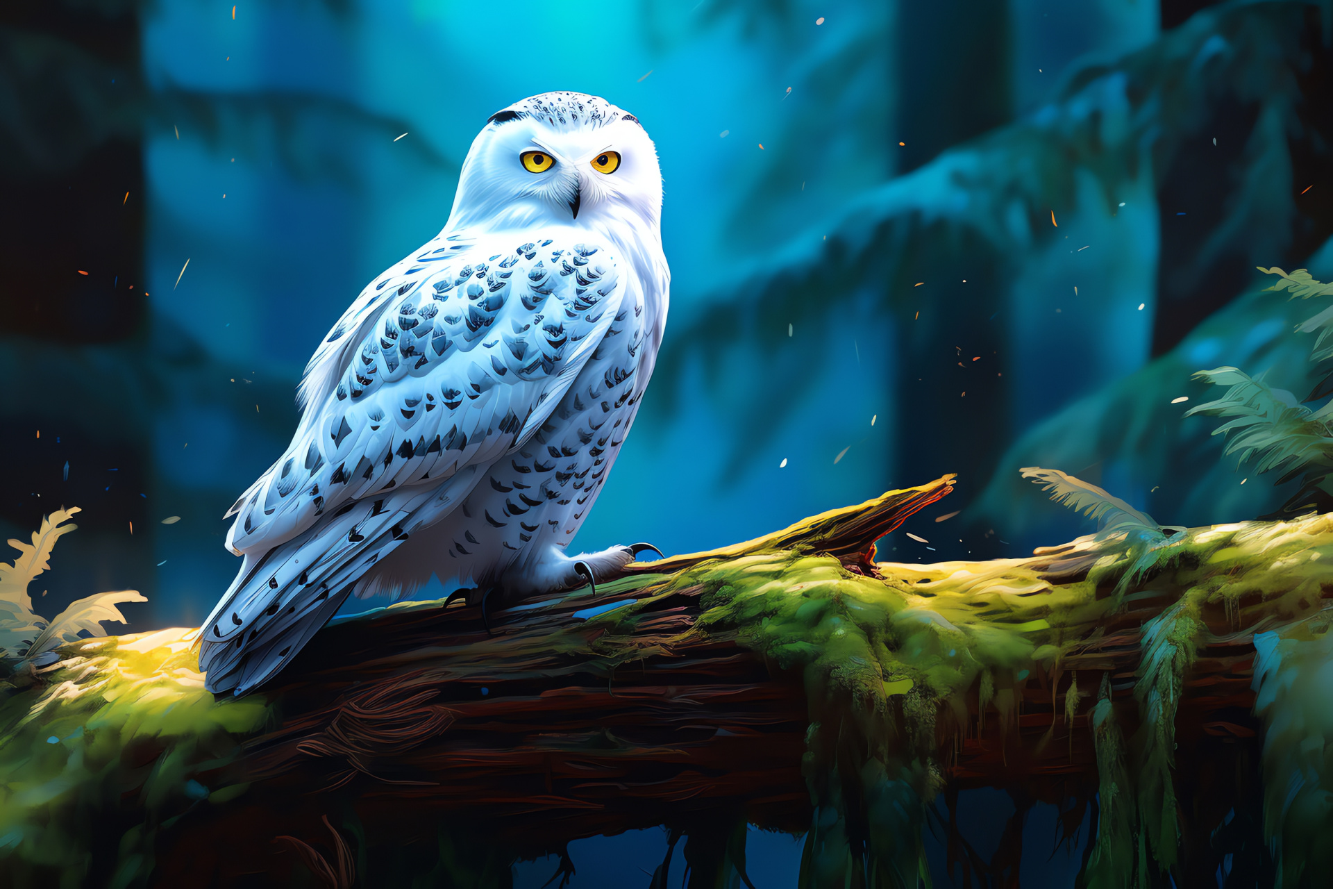 Elegant Snowy Owl, winter predator, feathered camouflage, captivating eyes, frosty environment, HD Desktop Image