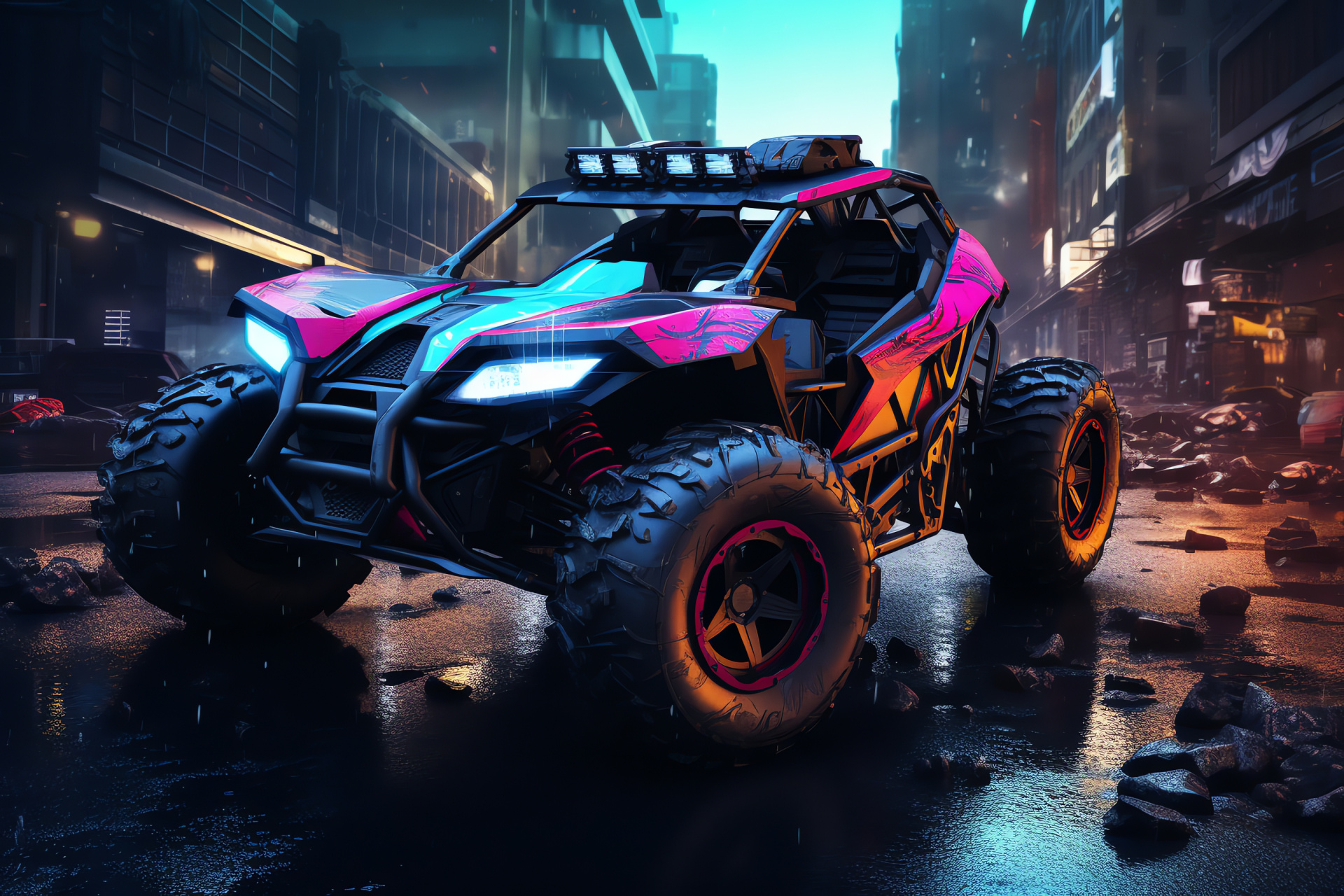 Polaris RZR, RS1 model, futuristic city vibes, aerial perspective, cyber aesthetics, HD Desktop Image